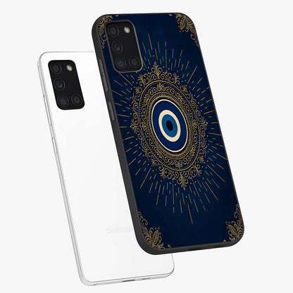 Golden Celestial Charm Glass Case displayed in angled mockup highlighting sparkling cosmic charm design with celestial aesthetic.