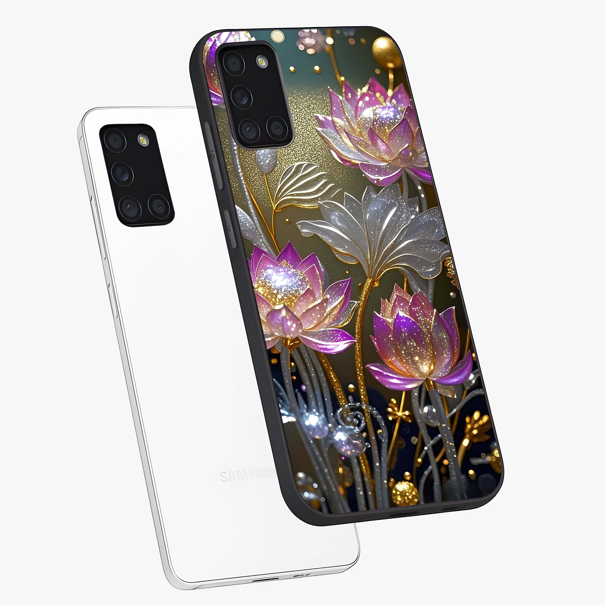 Golden Floral Majesty Glass Case displayed in angled mockup highlighting elegant flower design with royal golden aesthetic.