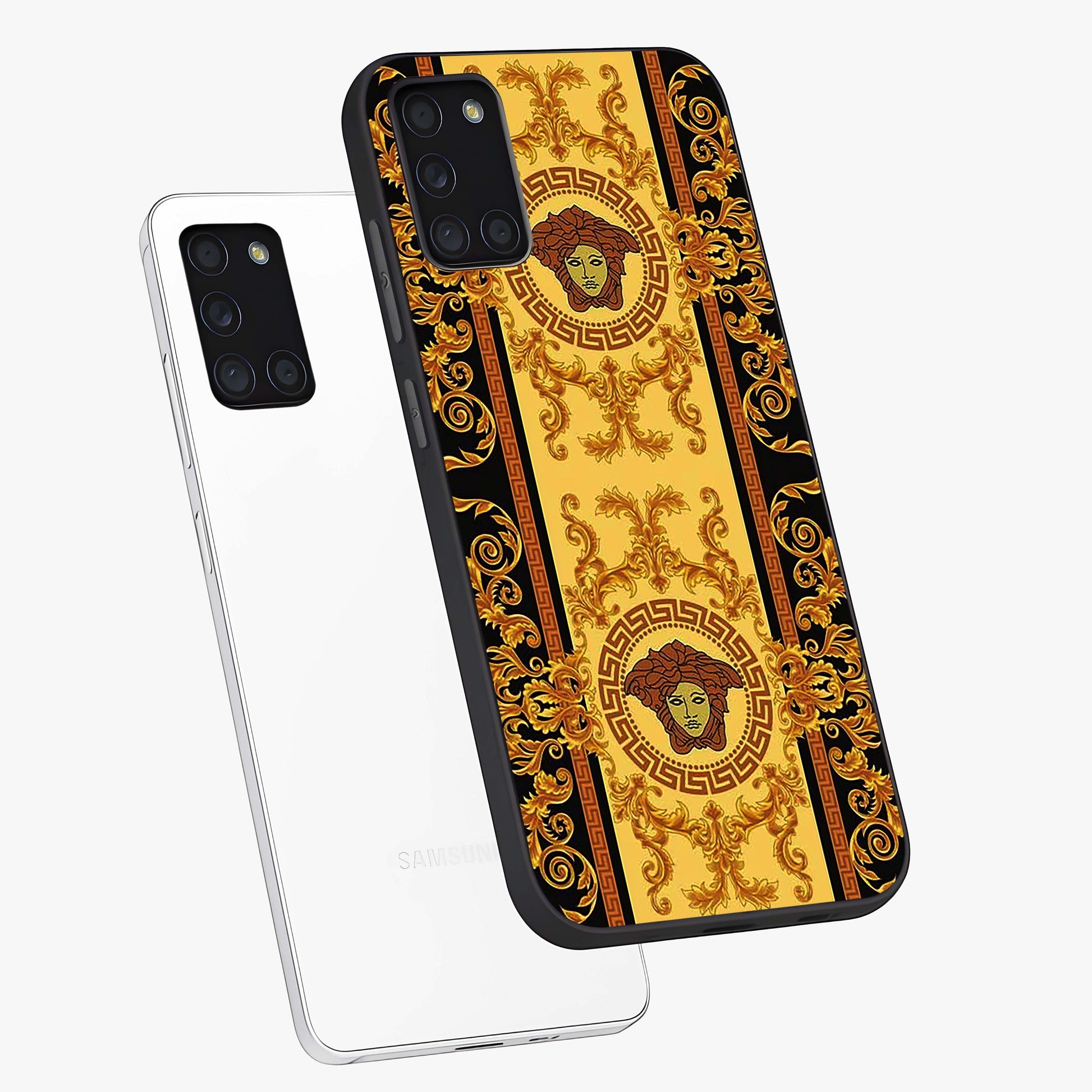 Golden Lotus Glow Glass Case displayed in angled mockup highlighting radiant lotus illustration with spiritual aesthetic.
