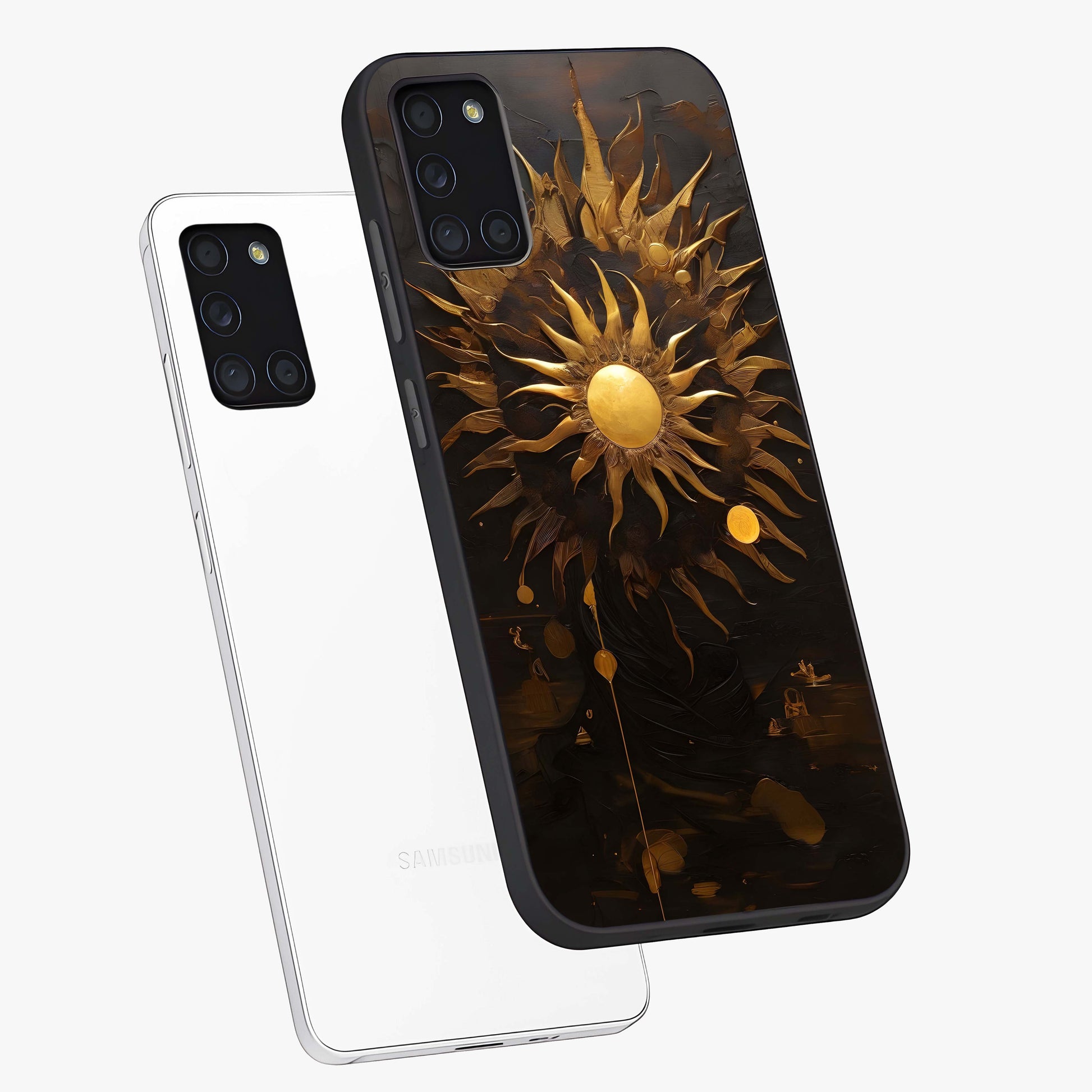 Golden Sun Majesty Glass Case displayed in angled mockup highlighting eerie shadow illustration with gothic aesthetic.