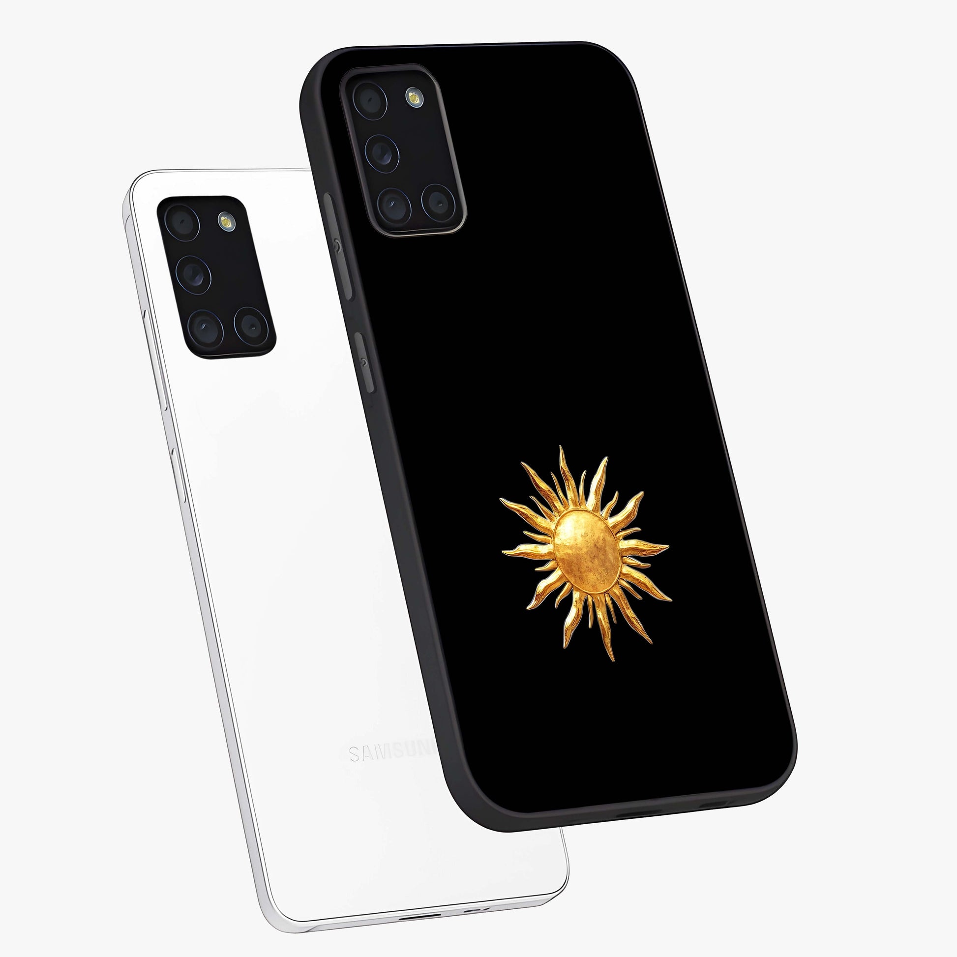 Golden Sun Minimalism Glass Case displayed in angled mockup highlighting eerie shadow illustration with gothic aesthetic.