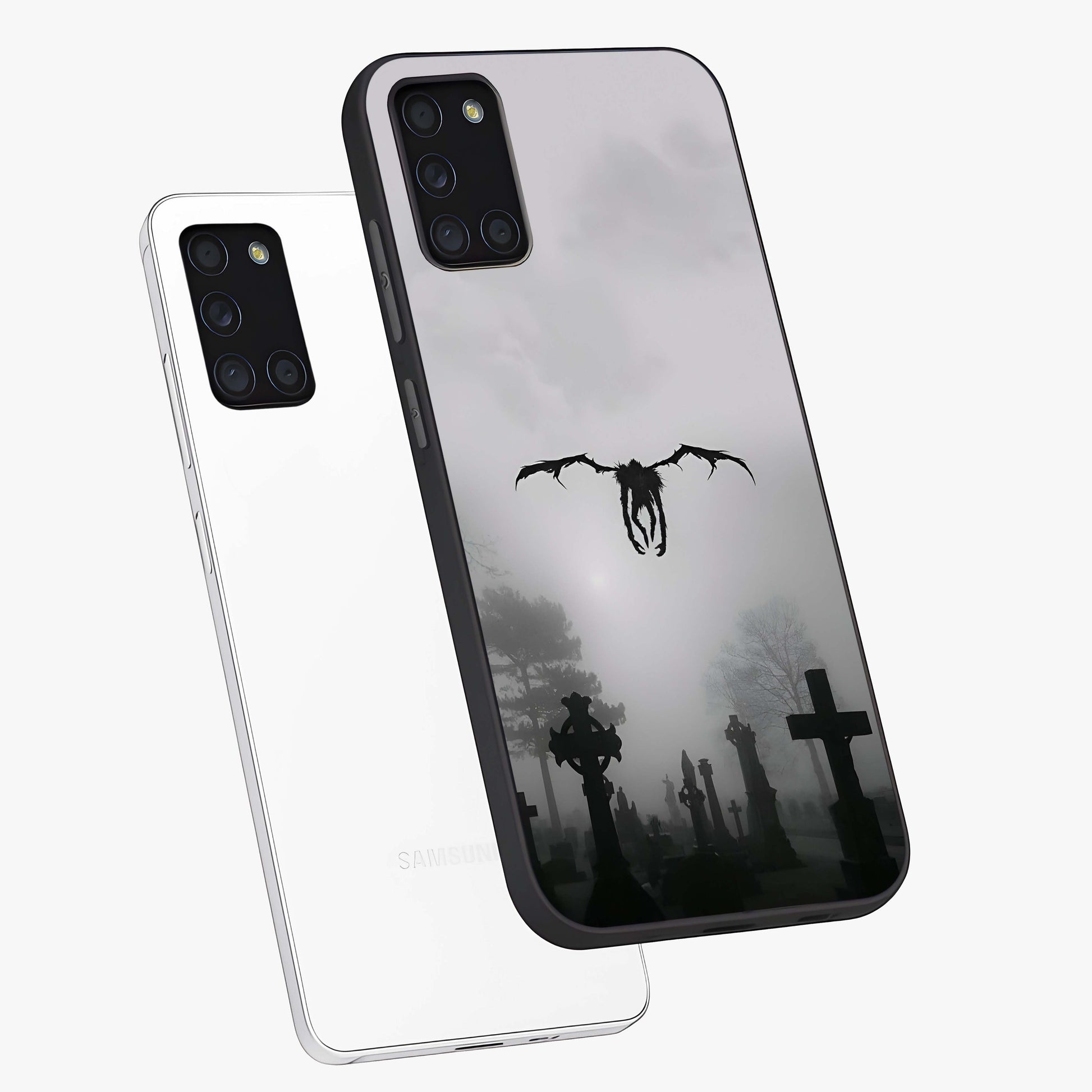 Graveyard Shadow Descent Glass Case displayed in angled mockup highlighting eerie shadow illustration with gothic aesthetic.