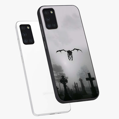Graveyard Shadow Descent Glass Case displayed in angled mockup highlighting eerie shadow illustration with gothic aesthetic.