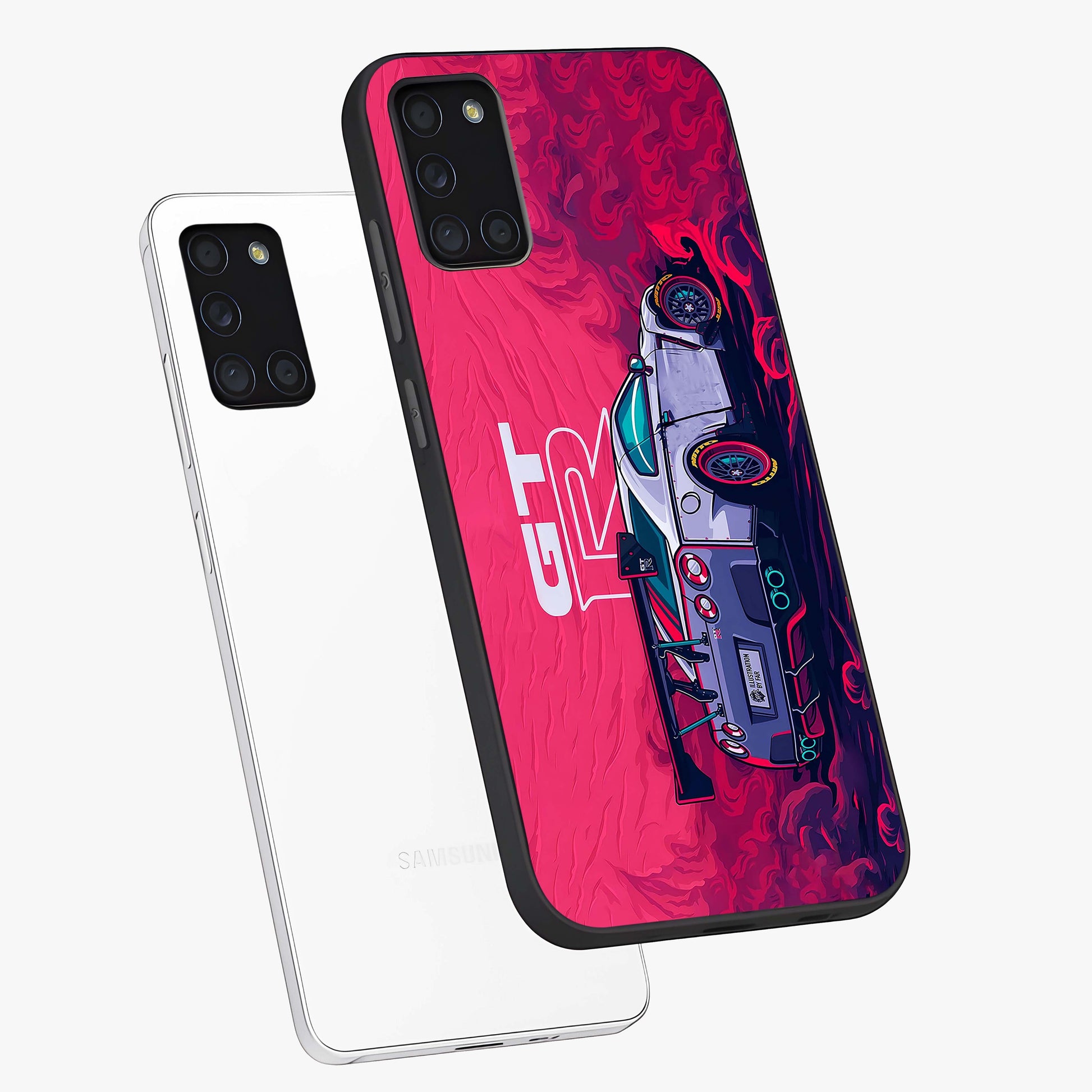 GT-R Car Pattern Glass Case displayed in angled mockup highlighting racing car graphic design with bold automotive aesthetic.