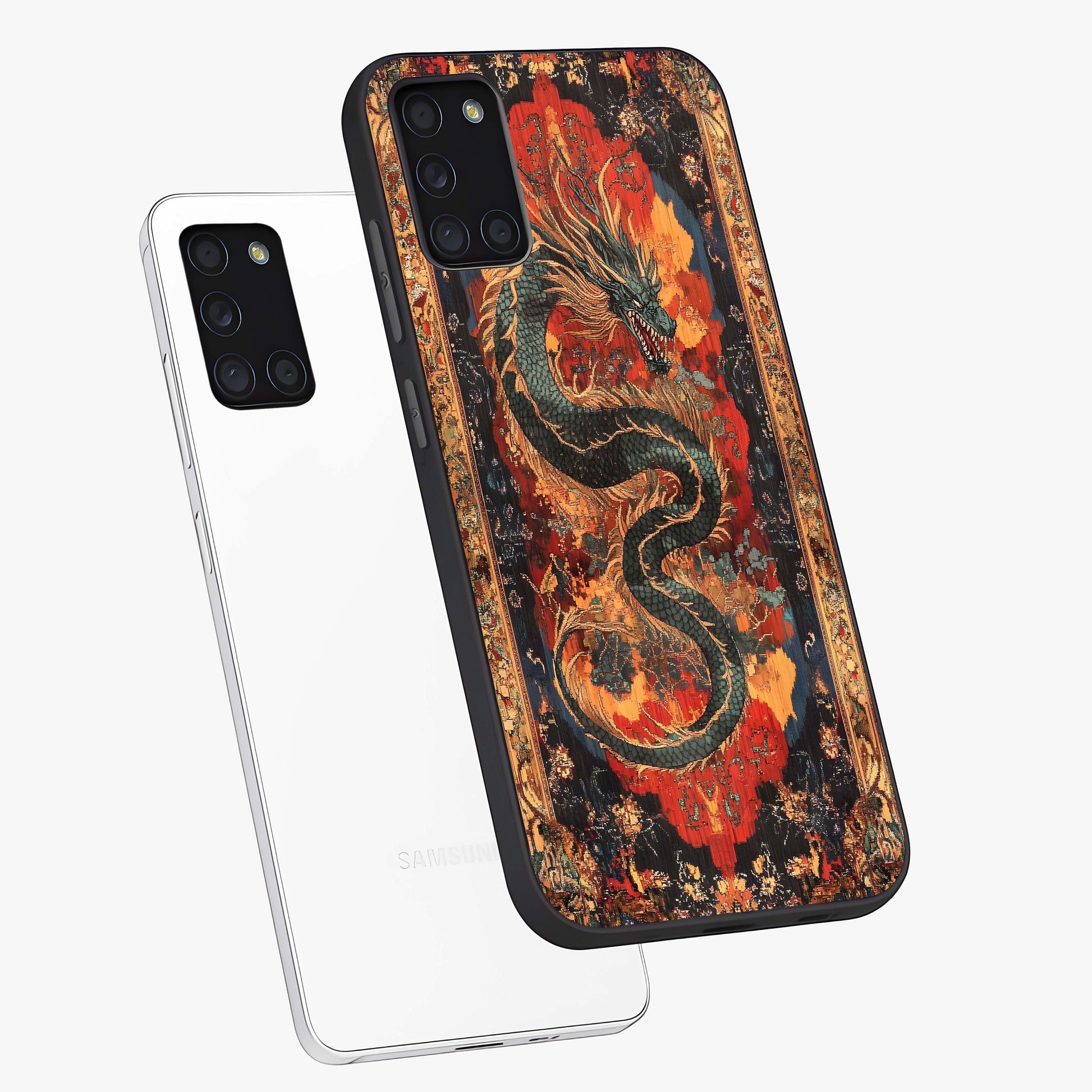 Inferno Dragon Soul Glass Case displayed in angled mockup highlighting powerful dragon illustration with inferno aesthetic.