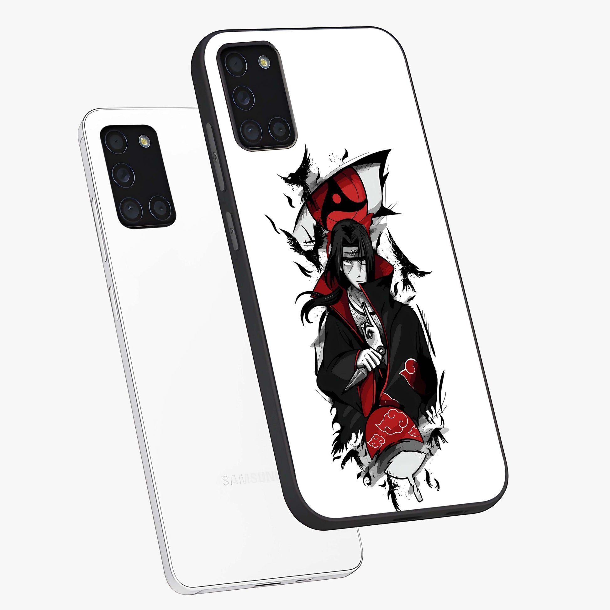 Itachi Limited Edition Naruto Anime Glass Case displayed in angled mockup highlighting dramatic anime illustration with bold action aesthetic.
