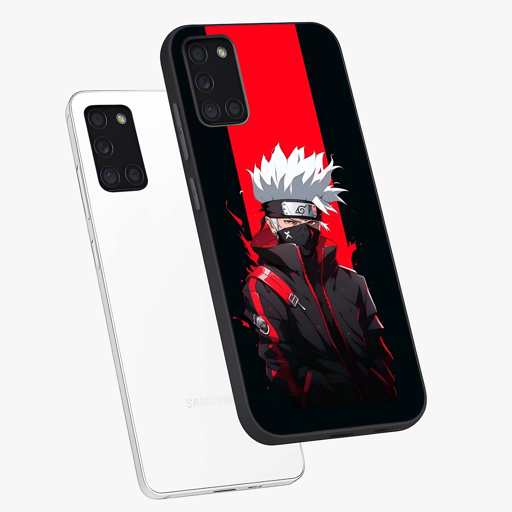 Kakashi Scarlet Shadow Glass Case displayed in angled mockup highlighting dramatic ninja illustration with scarlet themed aesthetic.