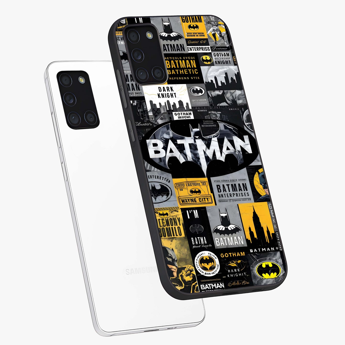 Knight Gotham Rise Glass Case displayed in angled mockup highlighting powerful knight silhouette design with dramatic aesthetic.