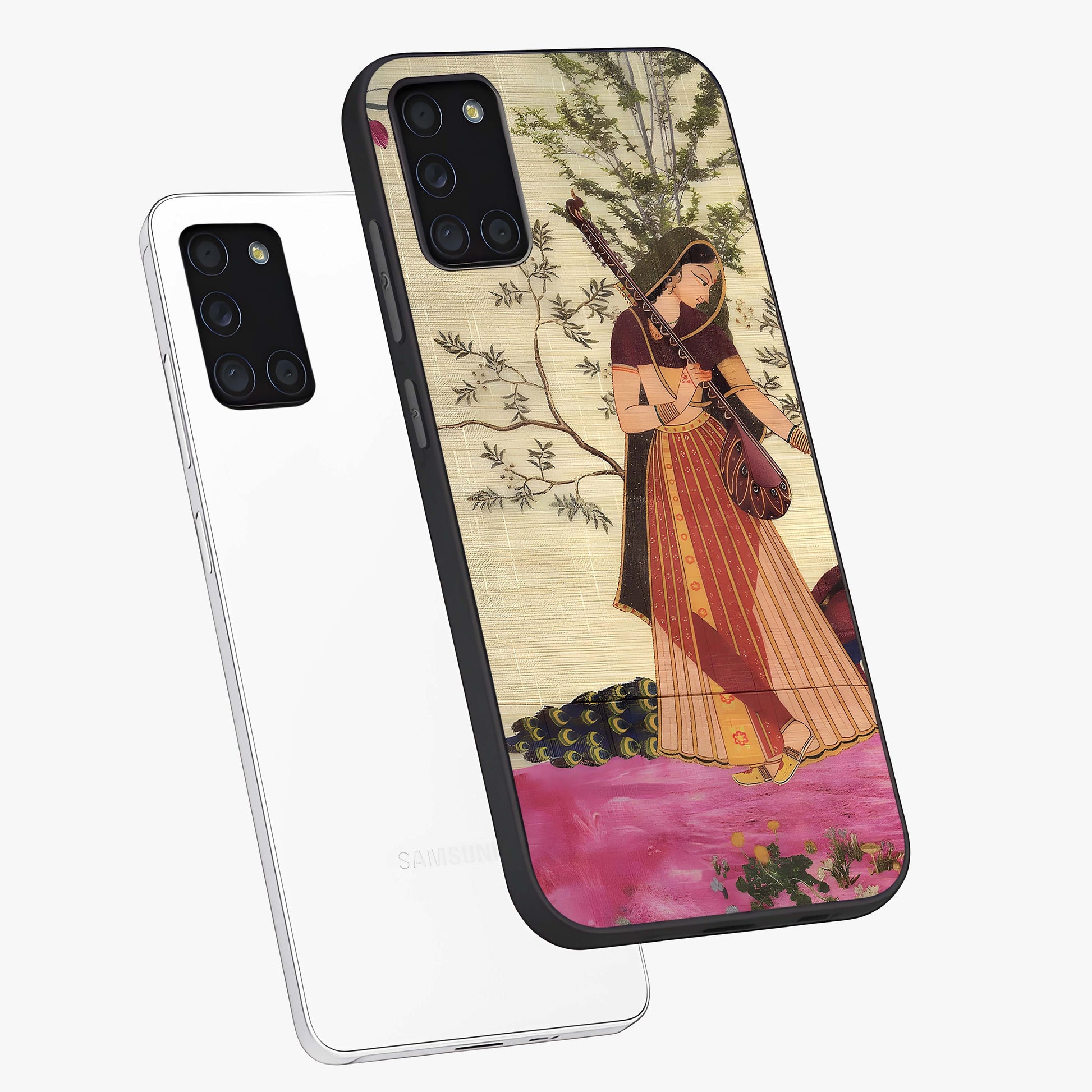 Lady With Veena Art Glass Case displayed in angled mockup highlighting graceful musical illustration with cultural artistic aesthetic.