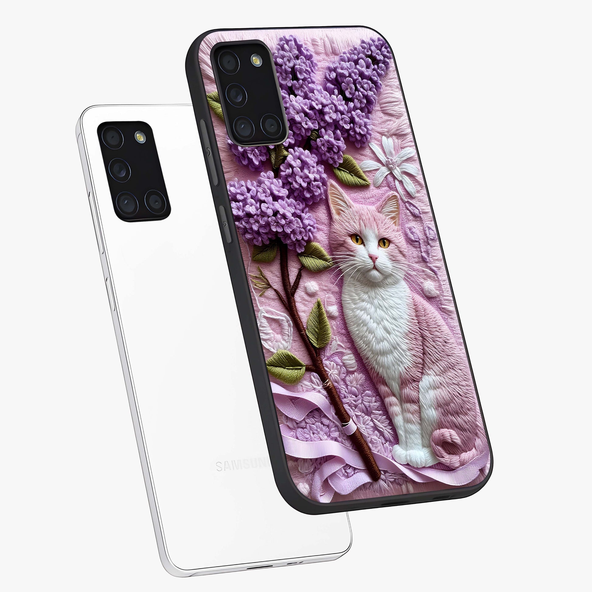 Lavender Cat Whimsy Glass Case displayed in angled mockup highlighting playful feline illustration with pastel lavender aesthetic.