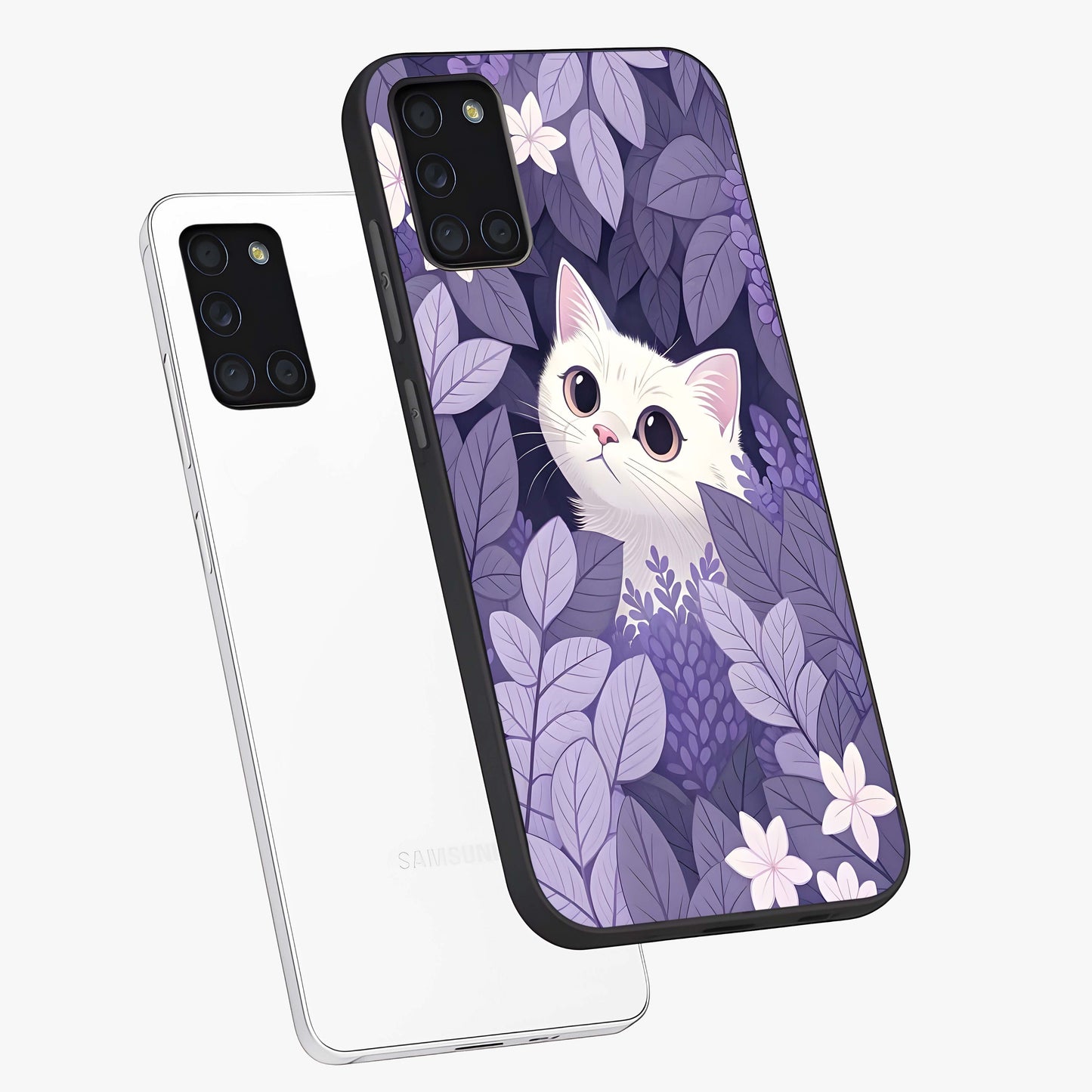 Lilac Hide Peek Cat Glass Case displayed in angled mockup highlighting playful feline illustration with lilac aesthetic design.