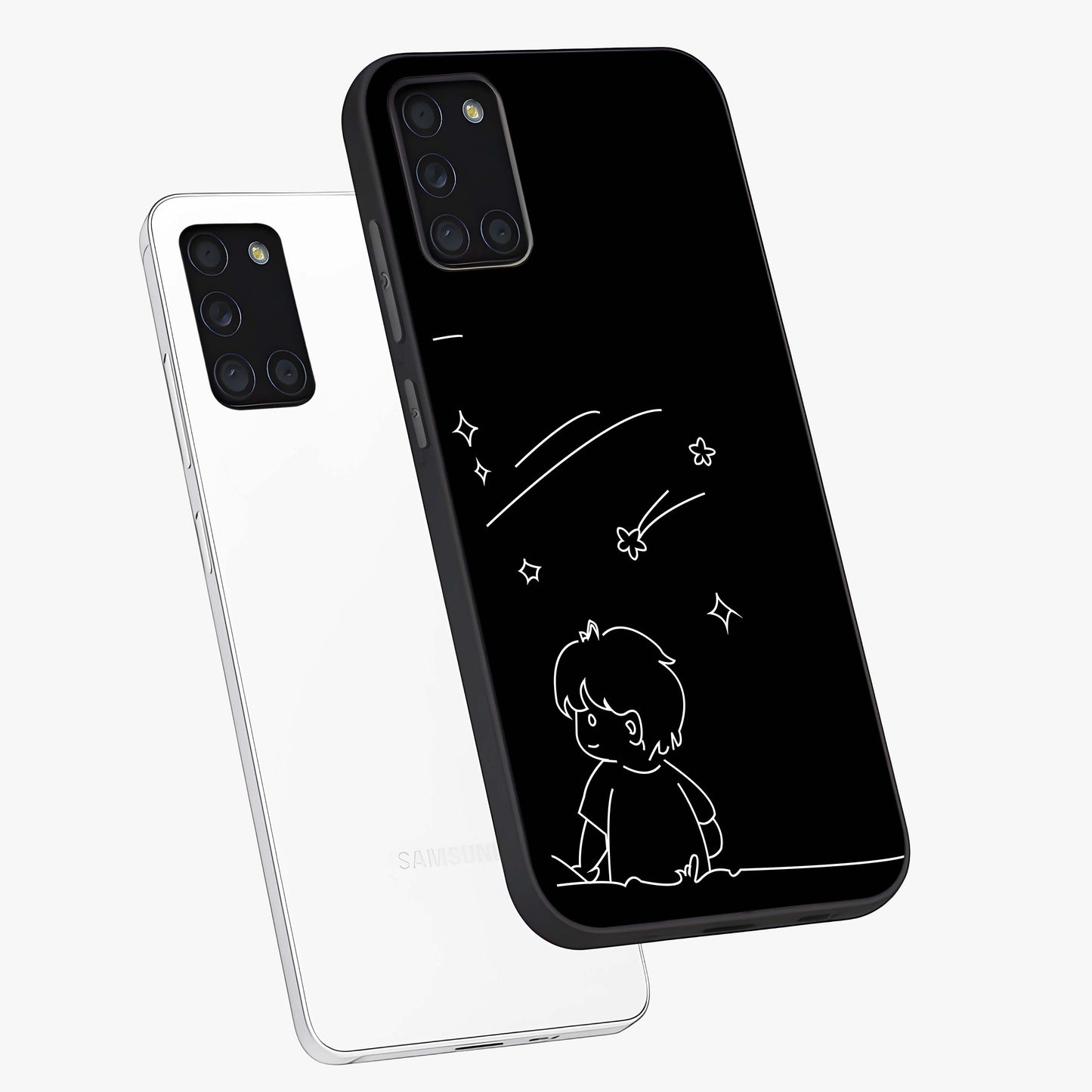 Line Art Boy With Shooting Stars Glass Case displayed in angled mockup highlighting elegant line art design with dreamy star aesthetic.