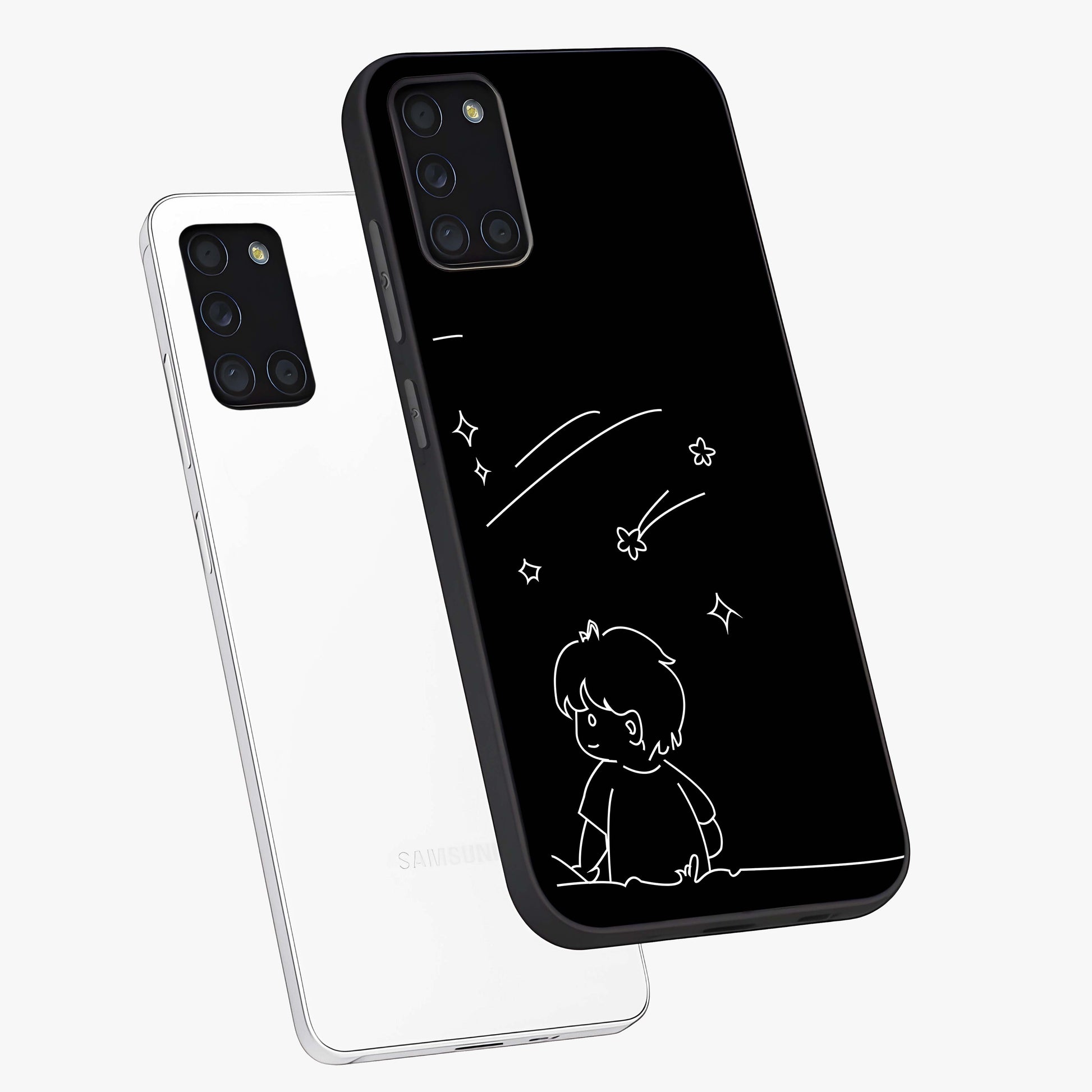 Line Art Boy With Shooting Stars Glass Case displayed in angled mockup highlighting elegant line art design with dreamy star aesthetic.