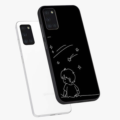 Line Art Boy With Shooting Stars Glass Case displayed in angled mockup highlighting elegant line art design with dreamy star aesthetic.