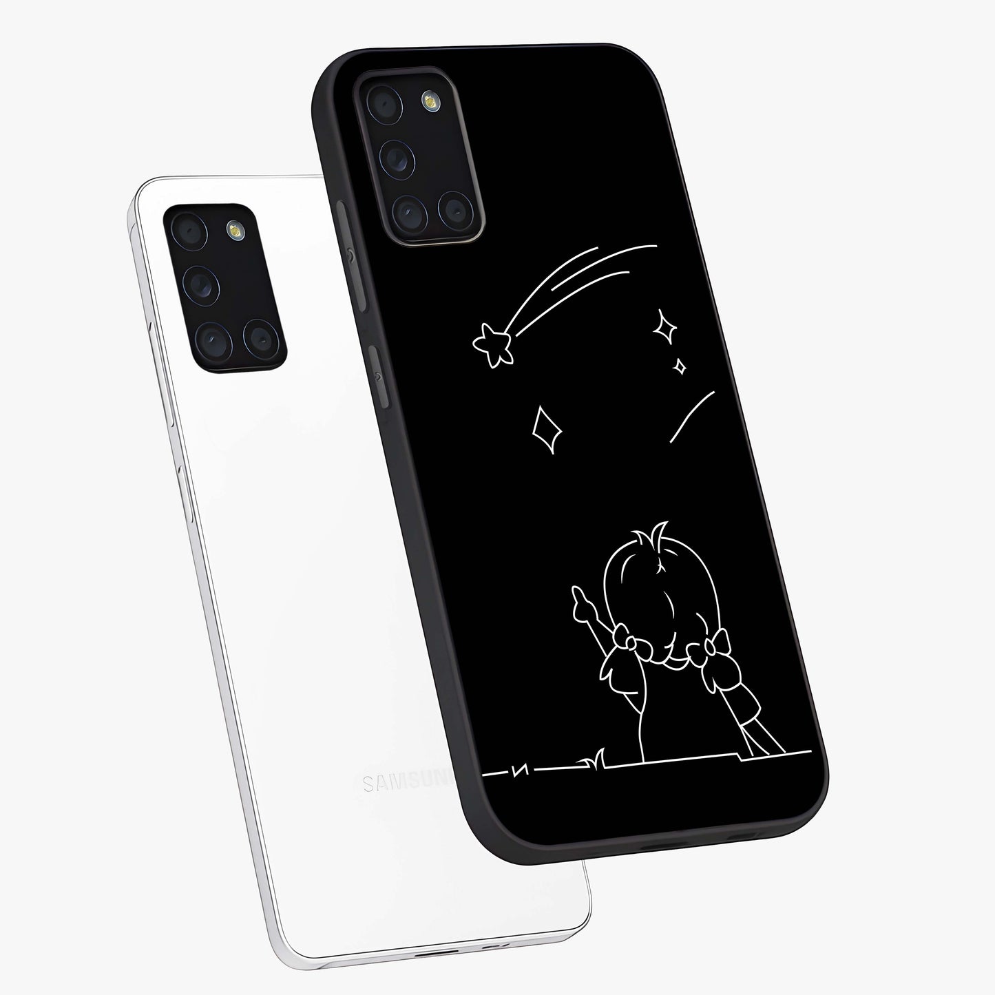 Line Art Girl With Shooting Stars Glass Case displayed in angled mockup highlighting elegant line art design with dreamy star aesthetic.