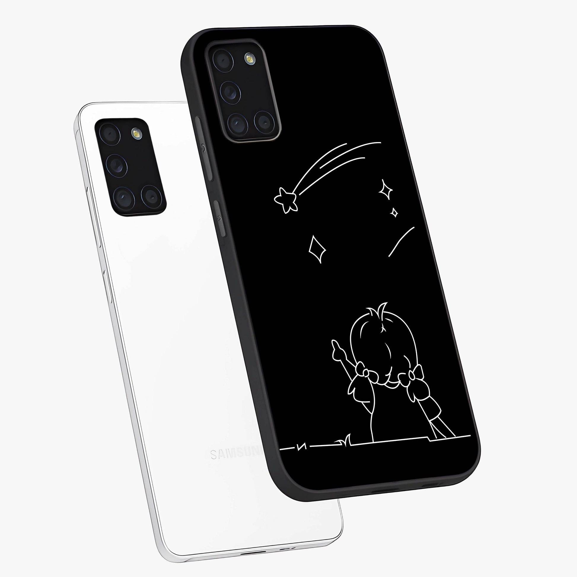 Line Art Girl With Shooting Stars Glass Case displayed in angled mockup highlighting elegant line art design with dreamy star aesthetic.