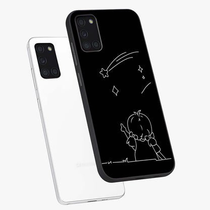 Line Art Girl With Shooting Stars Glass Case displayed in angled mockup highlighting elegant line art design with dreamy star aesthetic.
