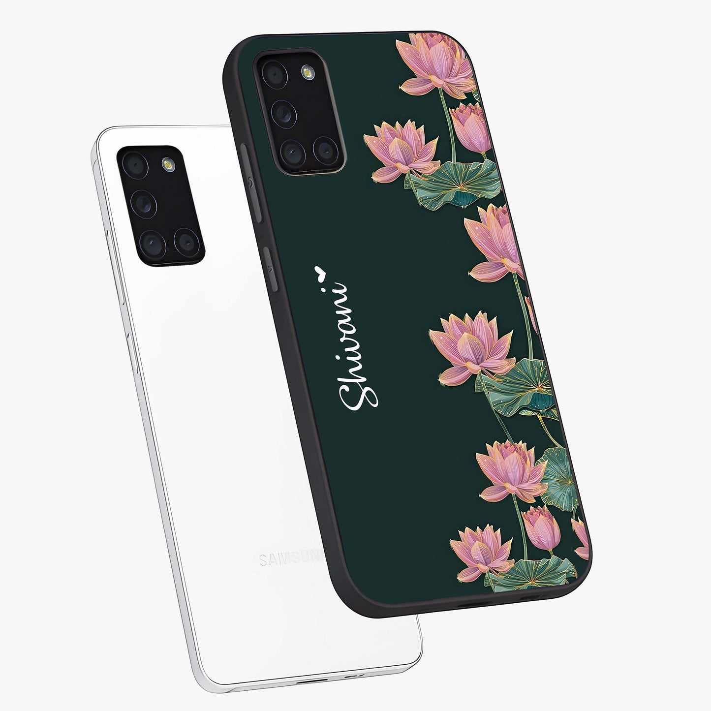 Lotus Bloom Serenity Custom Name Glass Case displayed in angled mockup highlighting graceful lotus illustration with custom name feature.