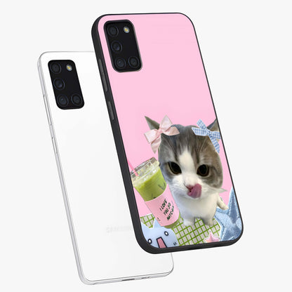 Love Matcha Cat Glass Case displayed in angled mockup highlighting playful feline illustration with cozy matcha aesthetic.