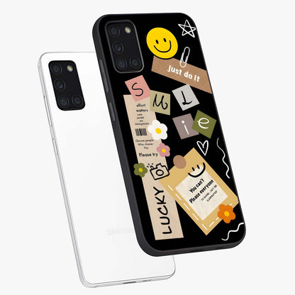 Lucky Aesthetic Collage Glass Case displayed in angled mockup highlighting stylish collage pattern with modern aesthetic vibe.