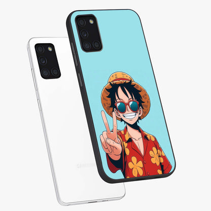 Luffy Summer Anime Vibe Glass Case displayed in angled mockup highlighting energetic anime illustration with summer vibe aesthetic.