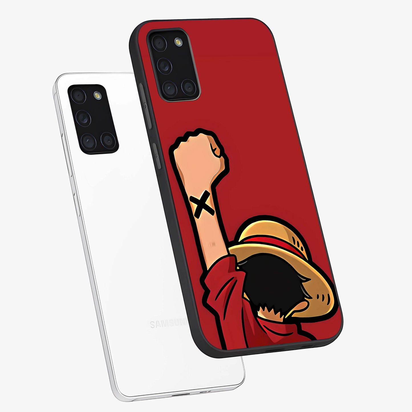 Luffy X Spirit Glass Case displayed in angled mockup highlighting powerful anime design with energetic action aesthetic.