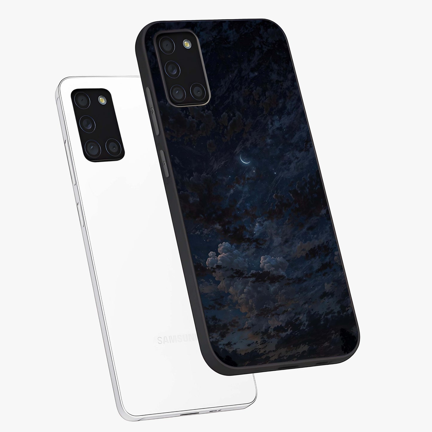 Lunar Veil Silence Glass Case displayed in angled mockup highlighting soft lunar design with peaceful celestial aesthetic.