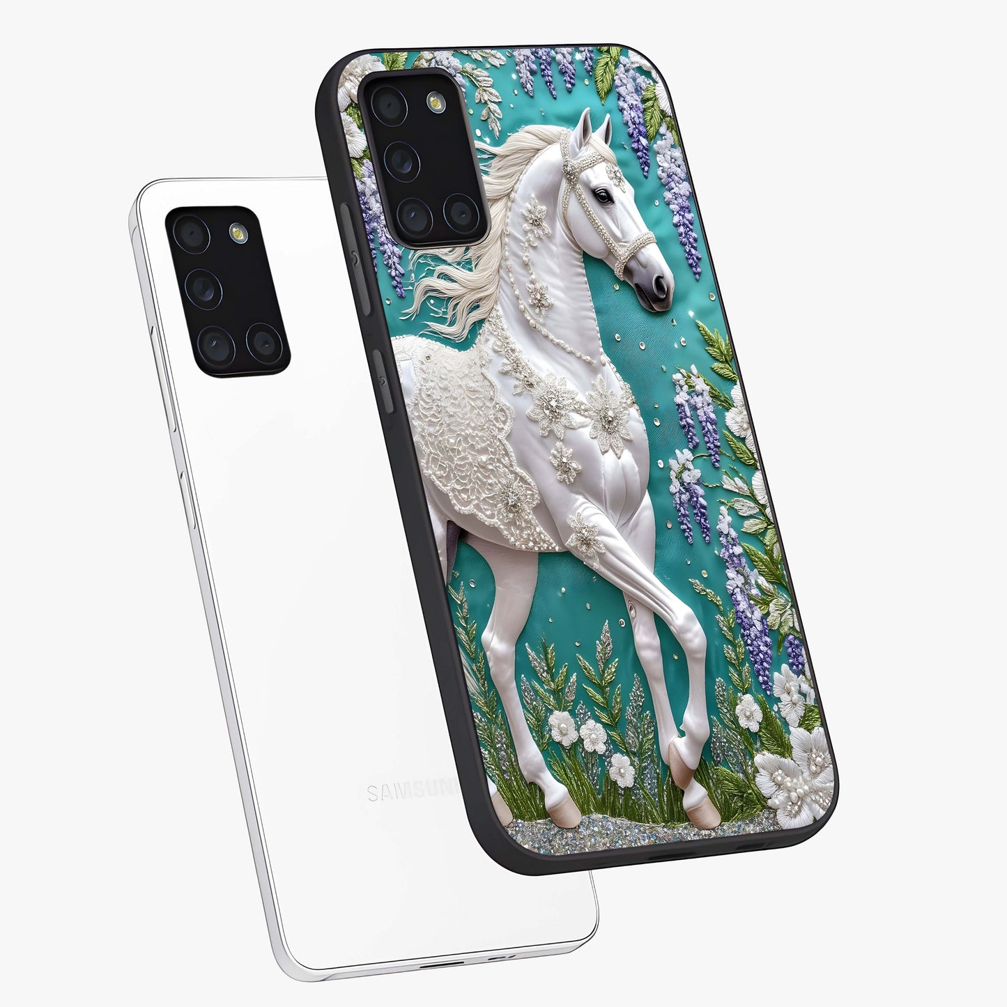 Majestic Floral Stallion Glass Case displayed in angled mockup highlighting majestic stallion illustration with elegant floral aesthetic.