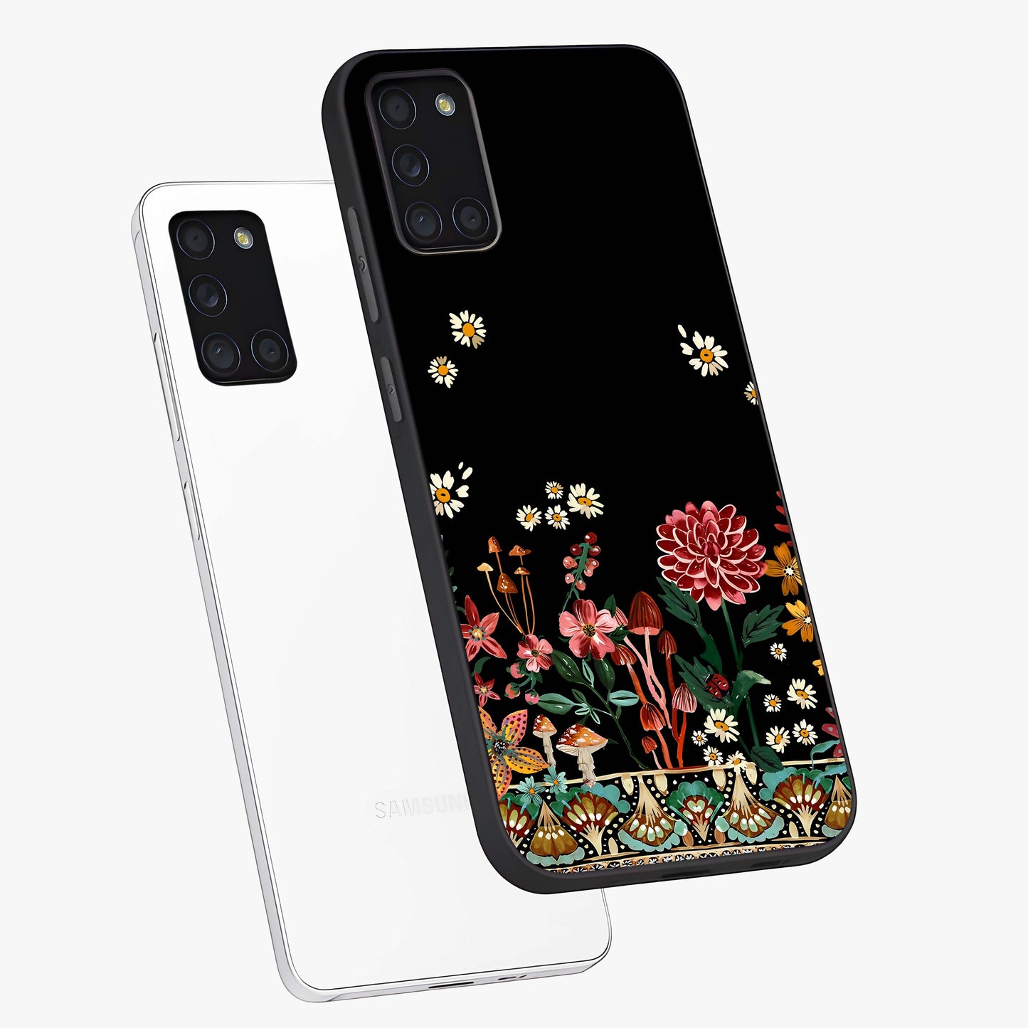 Midnight Bloom Pattern Glass Case displayed in angled mockup highlighting elegant flower design with midnight aesthetic style.