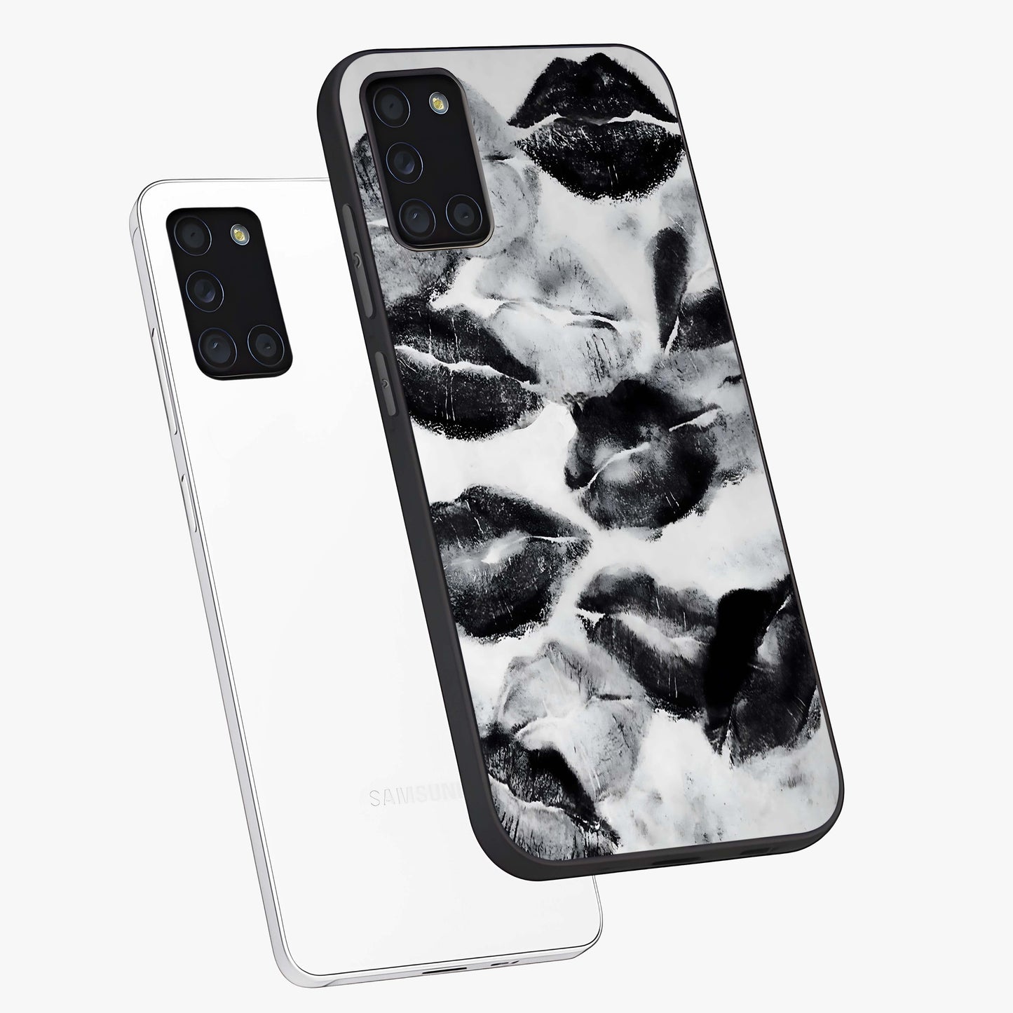 Midnight Kiss Marks Glass Case displayed in angled mockup highlighting playful romantic design with bold midnight aesthetic.