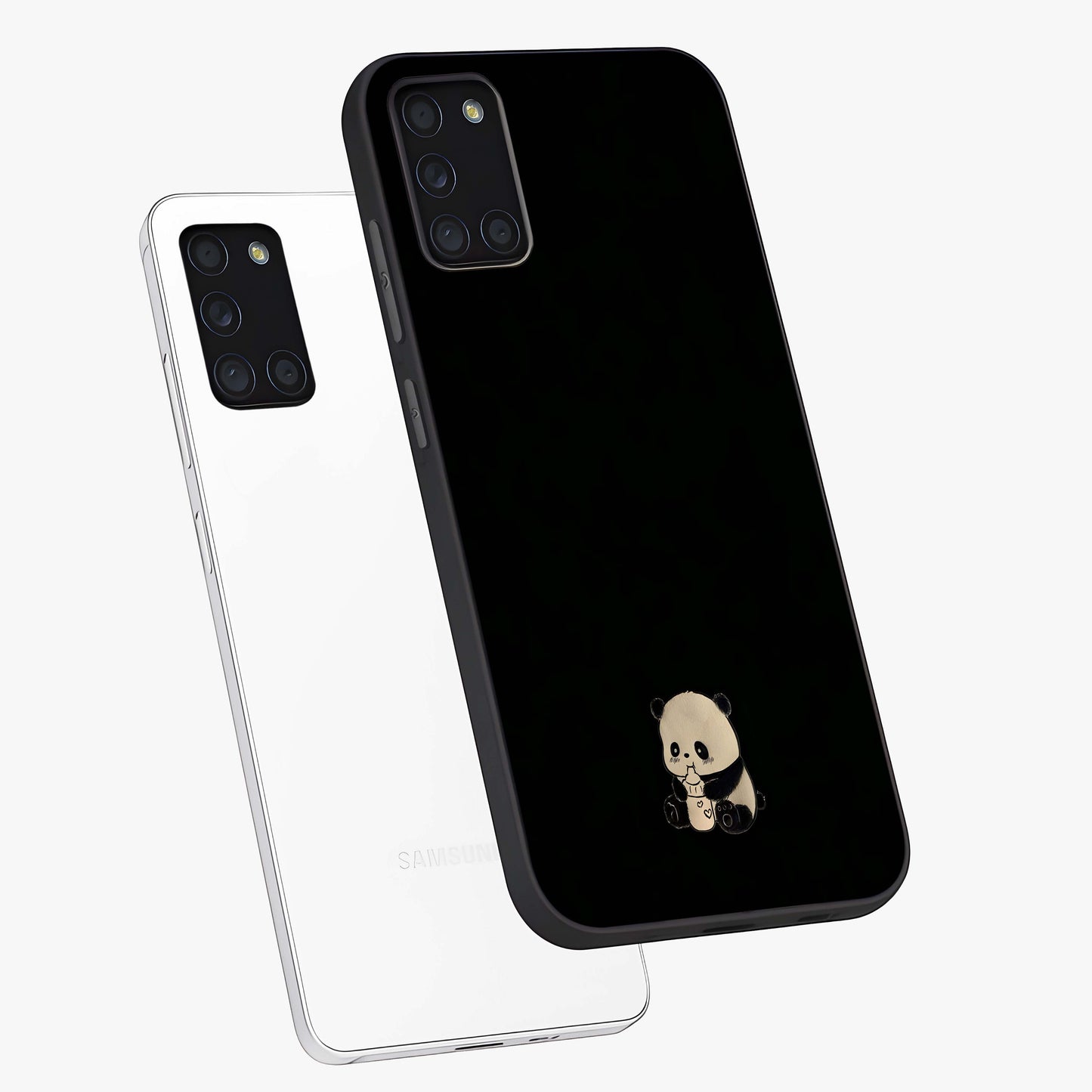 Midnight Panda Love Glass Case displayed in angled mockup highlighting adorable panda illustration with midnight aesthetic.