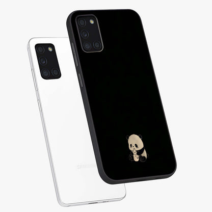 Midnight Panda Love Glass Case displayed in angled mockup highlighting adorable panda illustration with midnight aesthetic.