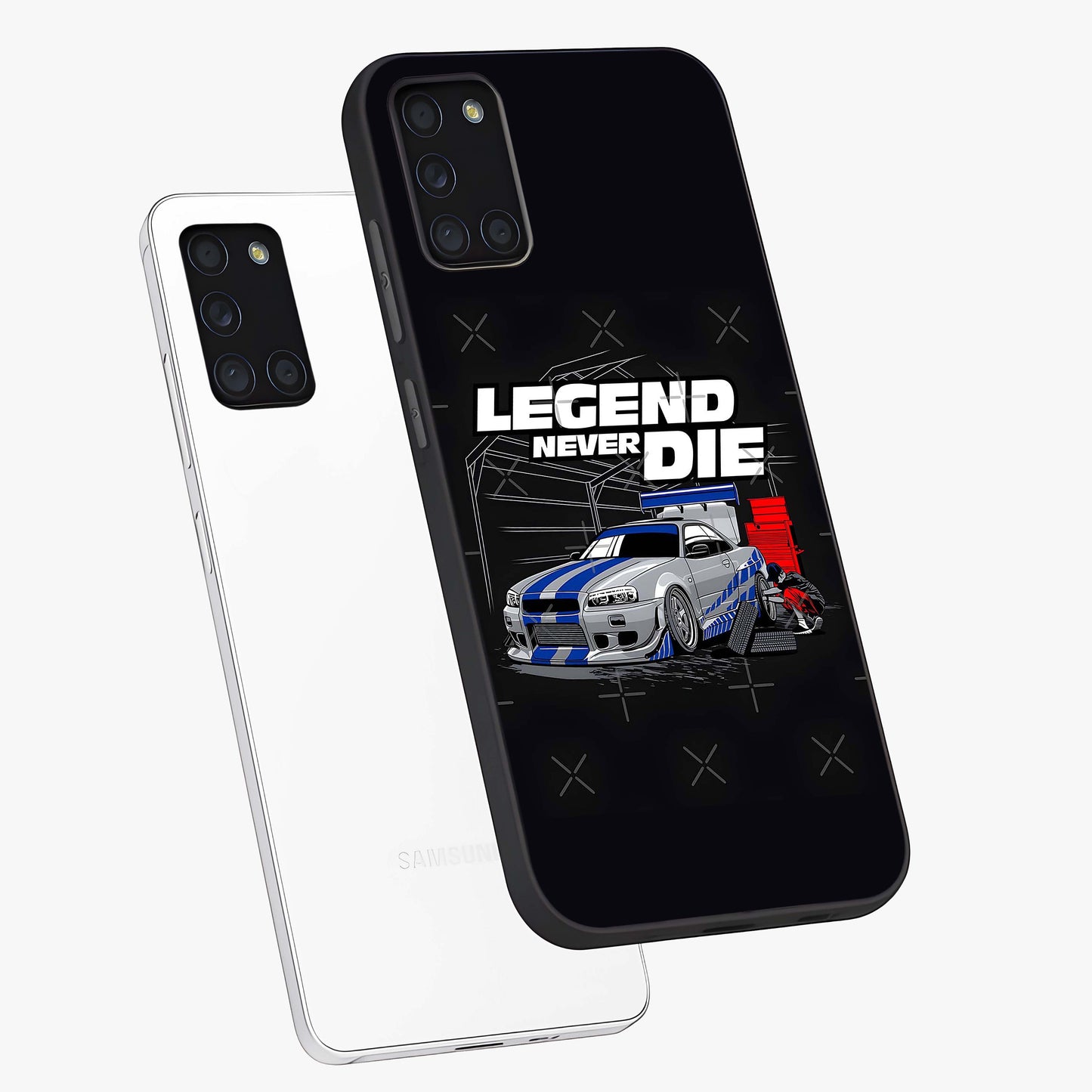 Midnight Racing Legacy Glass Case displayed in angled mockup highlighting dynamic automotive design with bold midnight aesthetic.