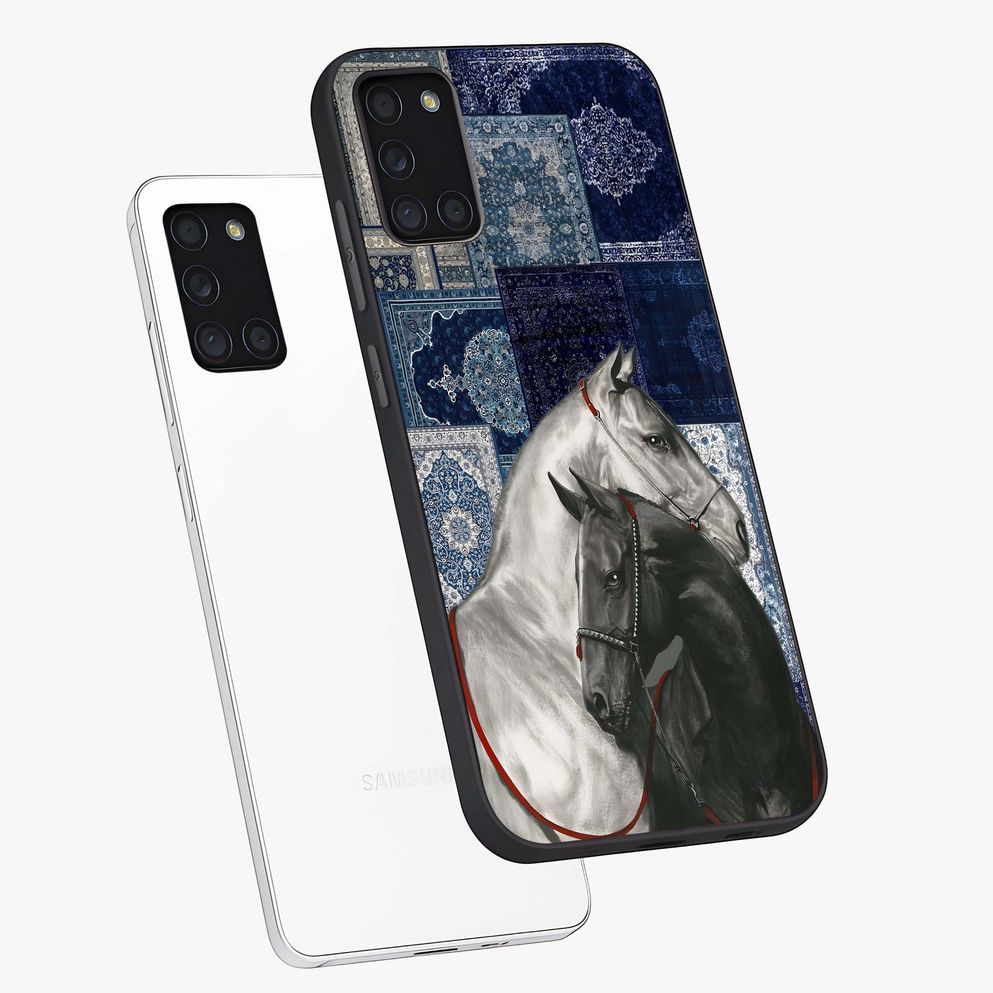 Midnight Stallion Blues Glass Case displayed in angled mockup highlighting powerful stallion illustration with deep midnight tones.