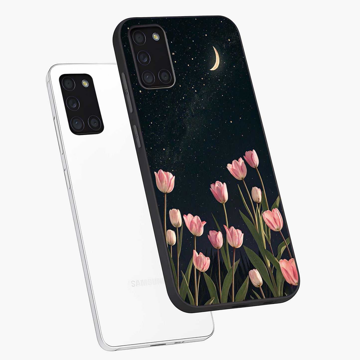 Midnight Tulip Whispers Vibe Glass Case displayed in angled mockup highlighting delicate tulip design with midnight floral aesthetic.