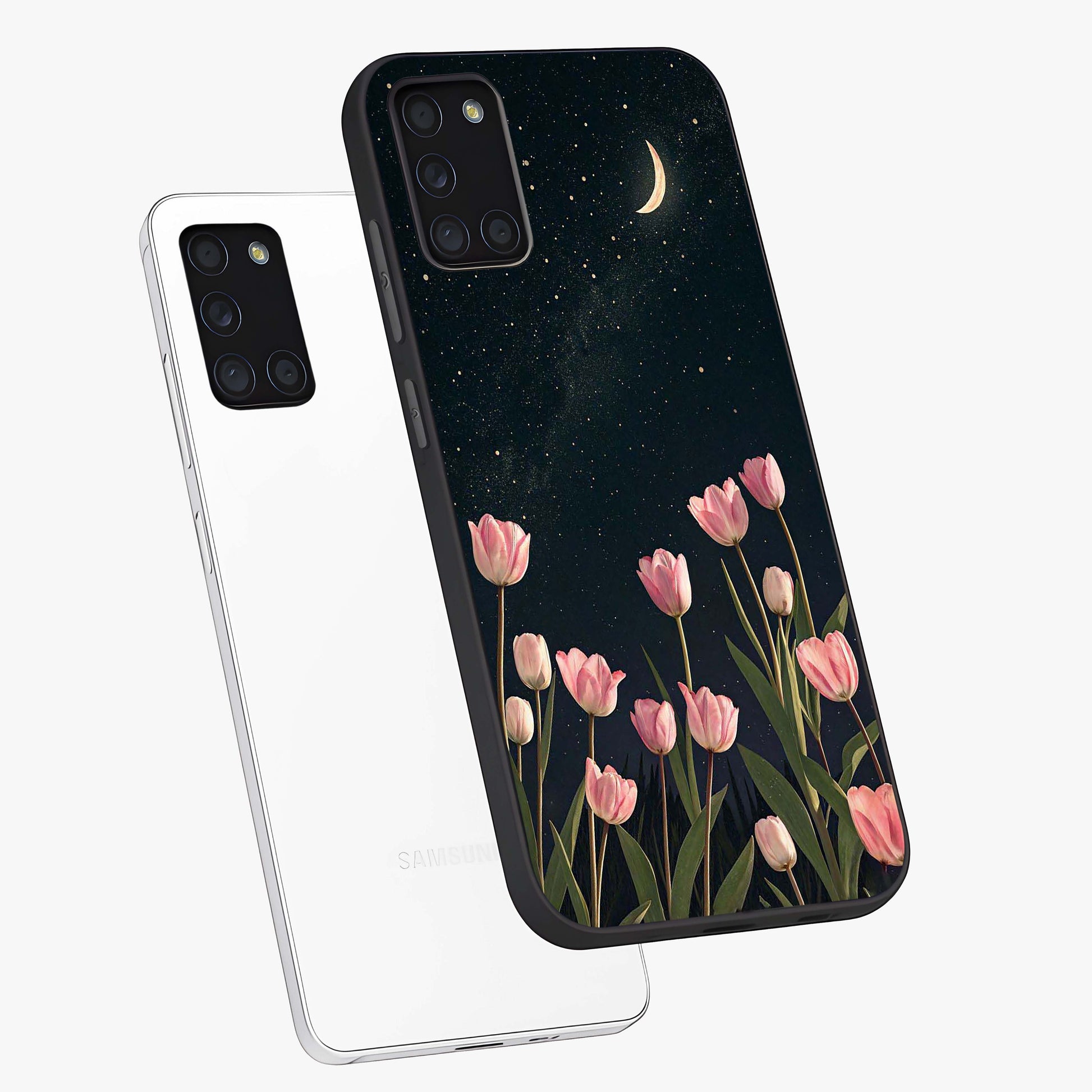 Midnight Tulip Whispers Vibe Glass Case displayed in angled mockup highlighting delicate tulip design with midnight floral aesthetic.