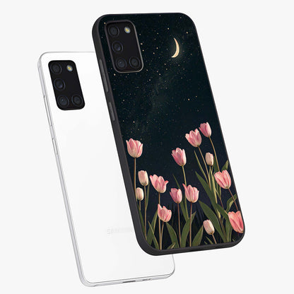 Midnight Tulip Whispers Vibe Glass Case displayed in angled mockup highlighting delicate tulip design with midnight floral aesthetic.