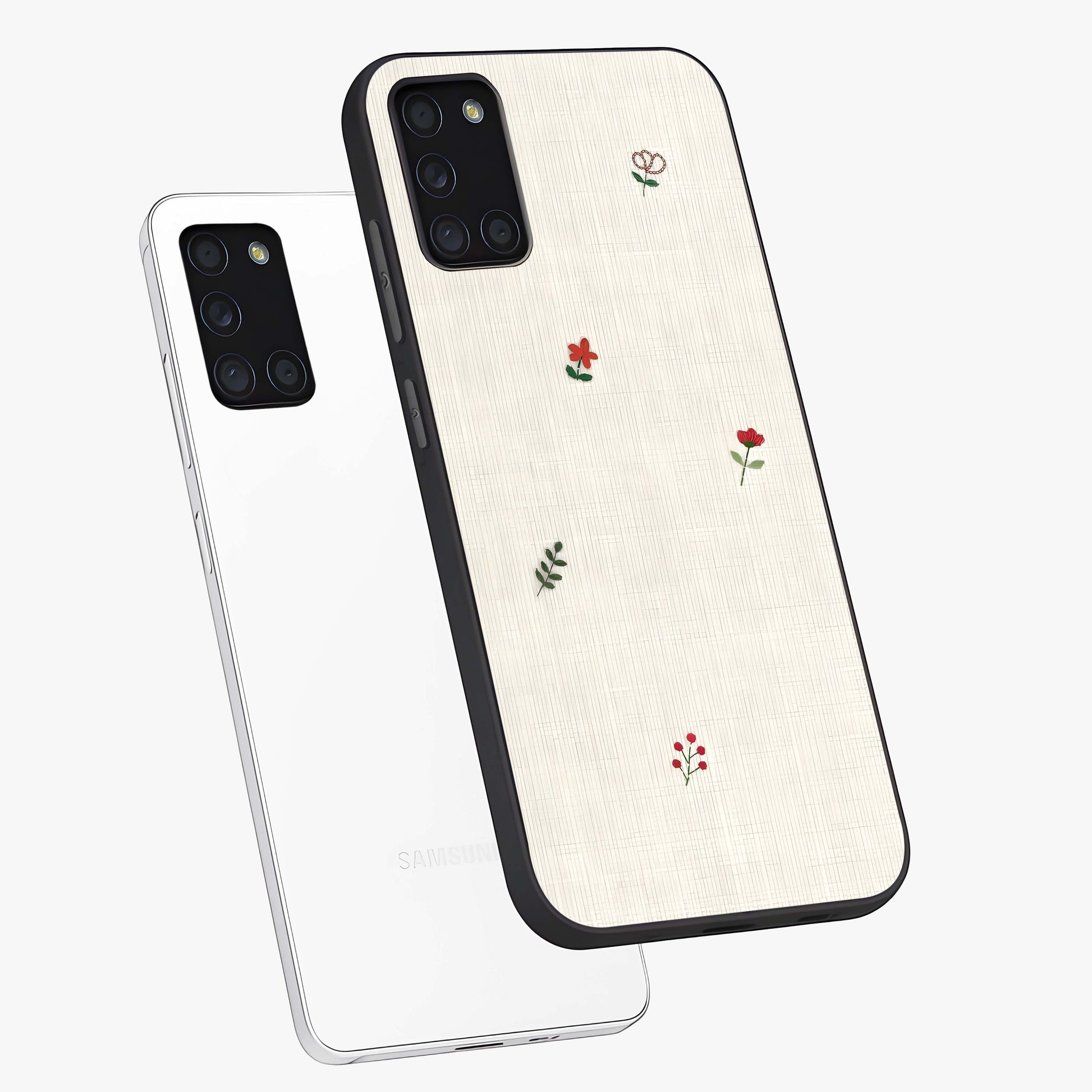 Minimalistic Blue With White Flower Pattern Glass Case displayed in angled mockup highlighting simple floral design with minimal aesthetic.
