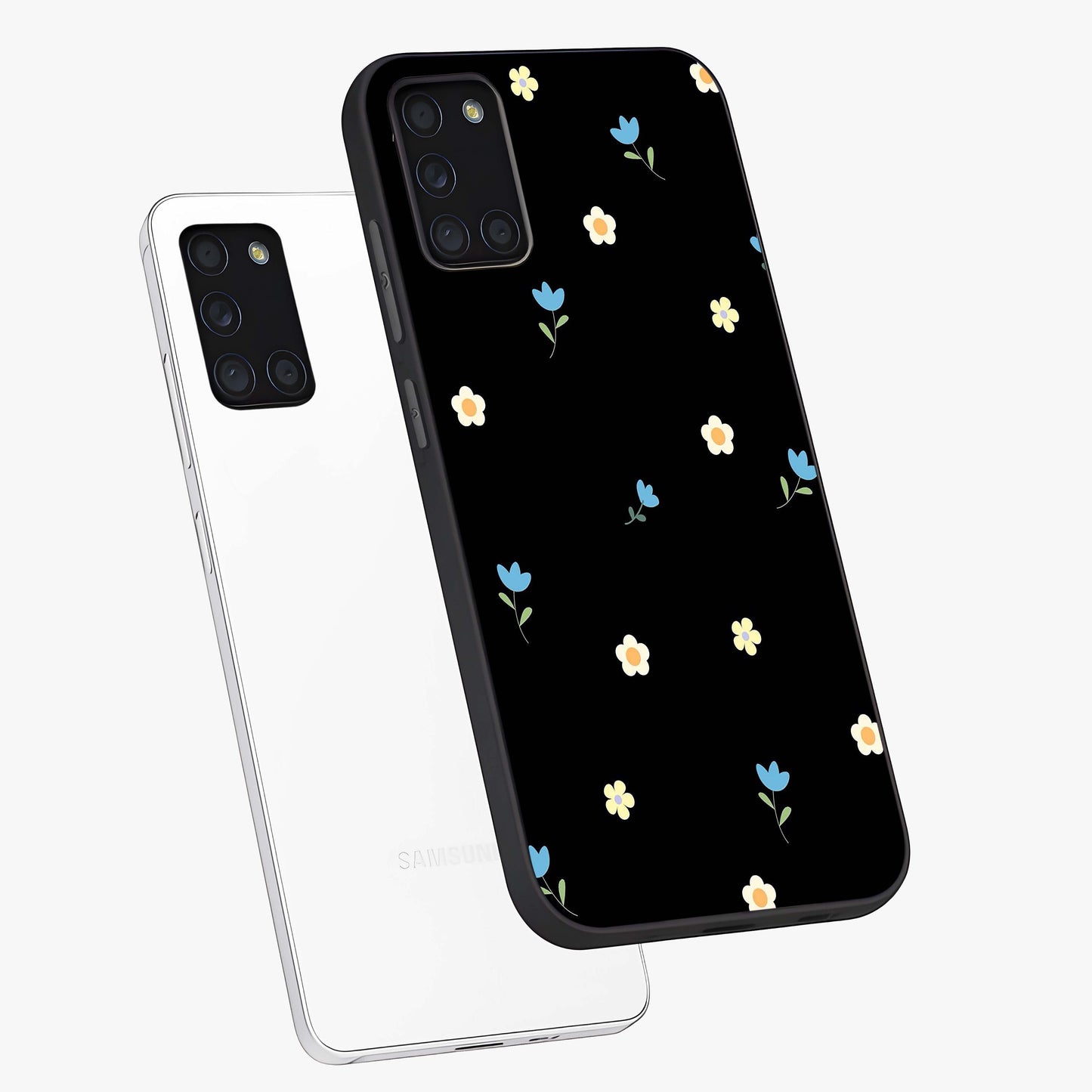 Minimal Petal Whispers Glass Case displayed in angled mockup highlighting delicate petal design with clean minimal aesthetic.