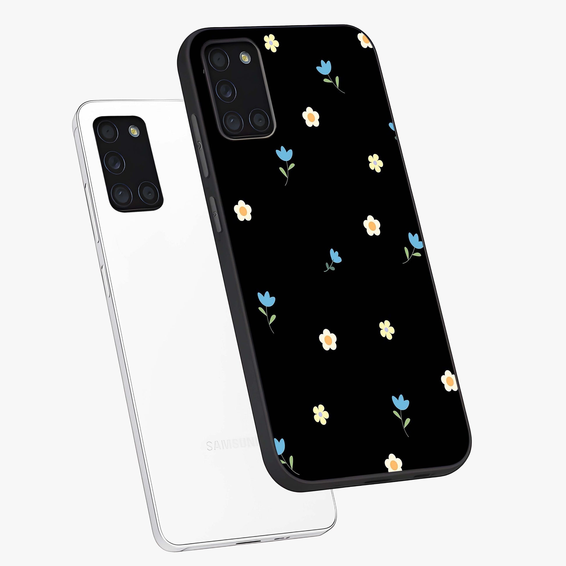 Minimal Petal Whispers Glass Case displayed in angled mockup highlighting delicate petal design with clean minimal aesthetic.
