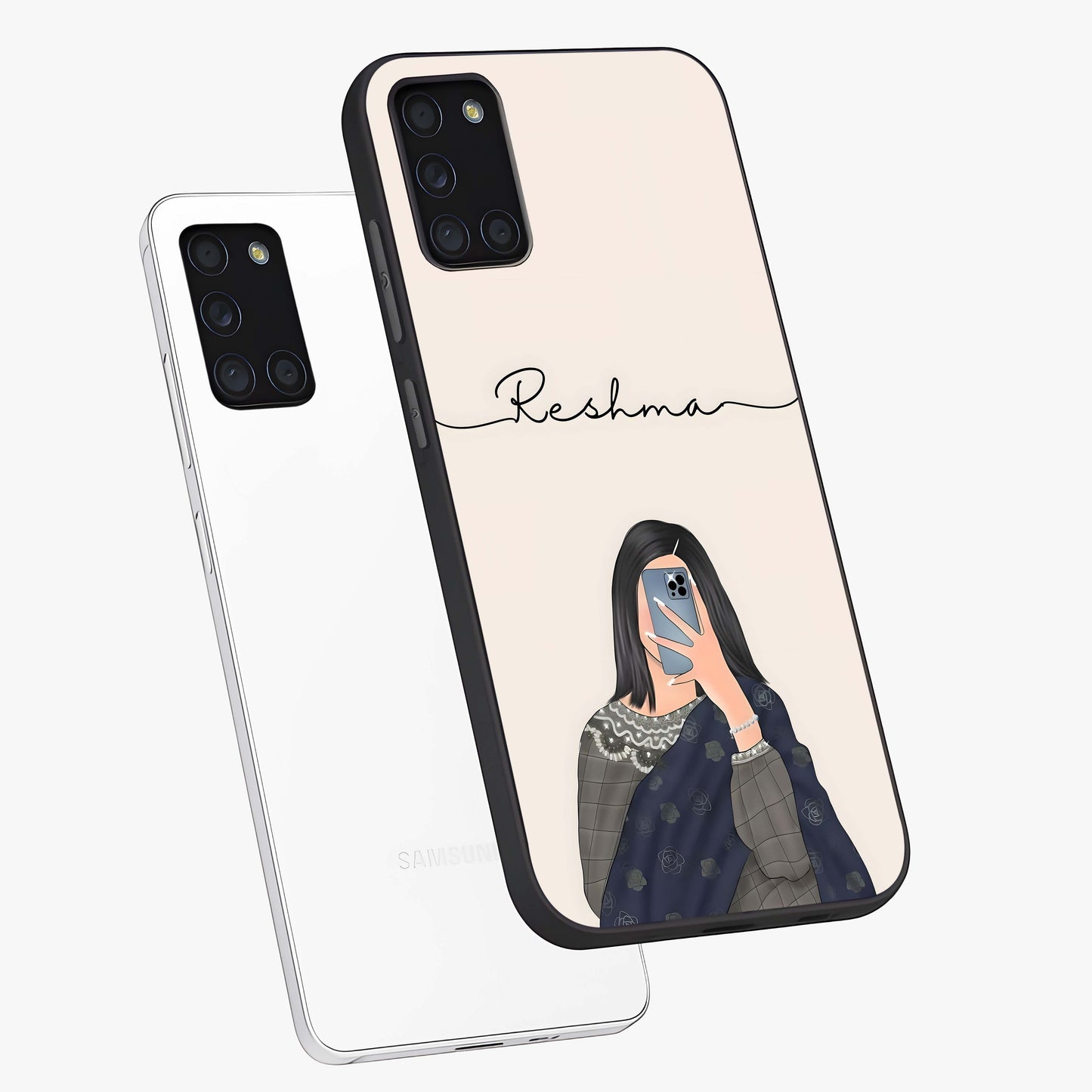 Mirror Mood Muse With Custom Name Glass Case displayed in angled mockup highlighting aesthetic mirror inspired design with custom name feature.
