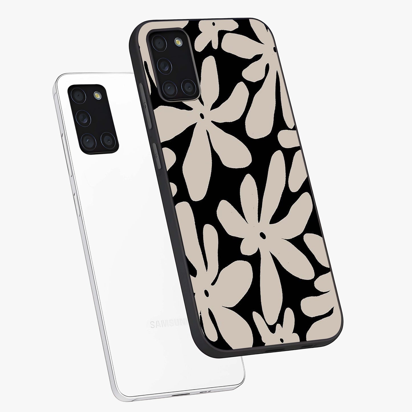 Monochrome Petal Dance Glass Case displayed in angled mockup highlighting elegant petal design with black and white aesthetic.