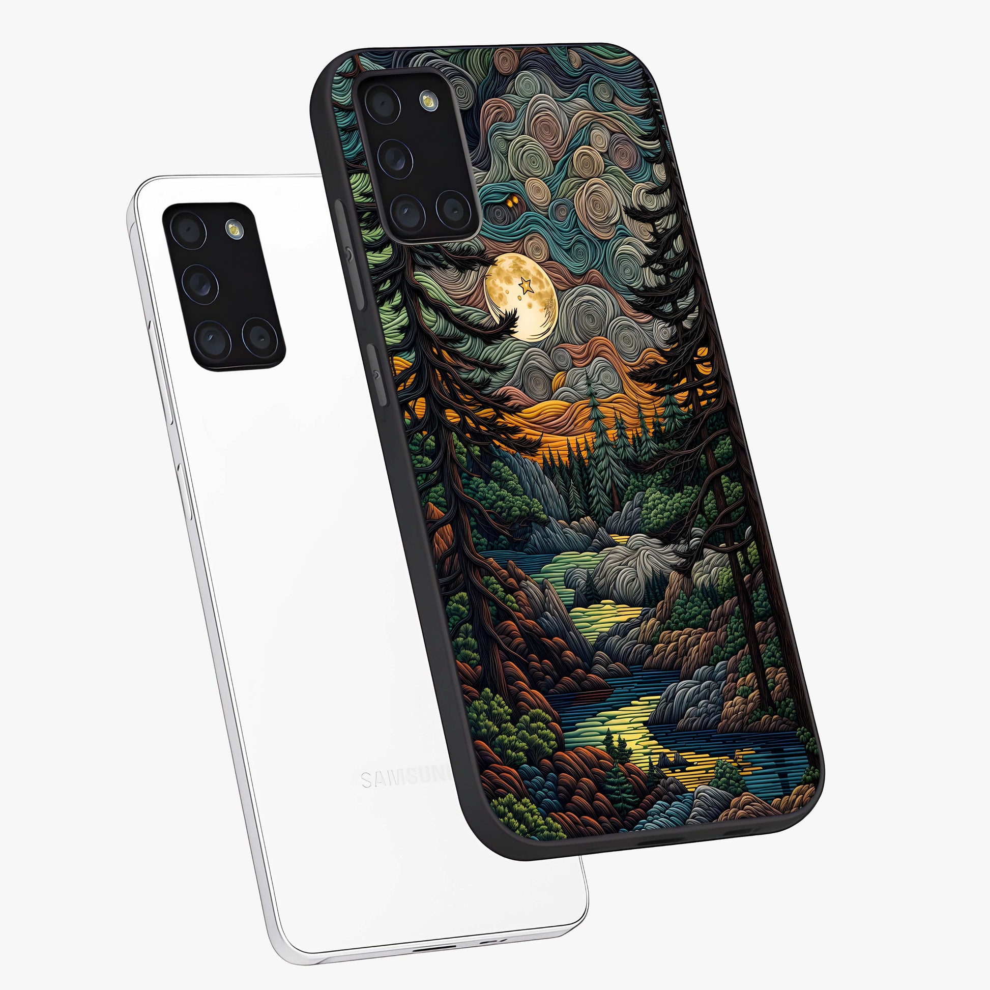 Moonlight Forest Dream Glass Case displayed in angled mockup highlighting dreamy forest design with glowing moon aesthetic.