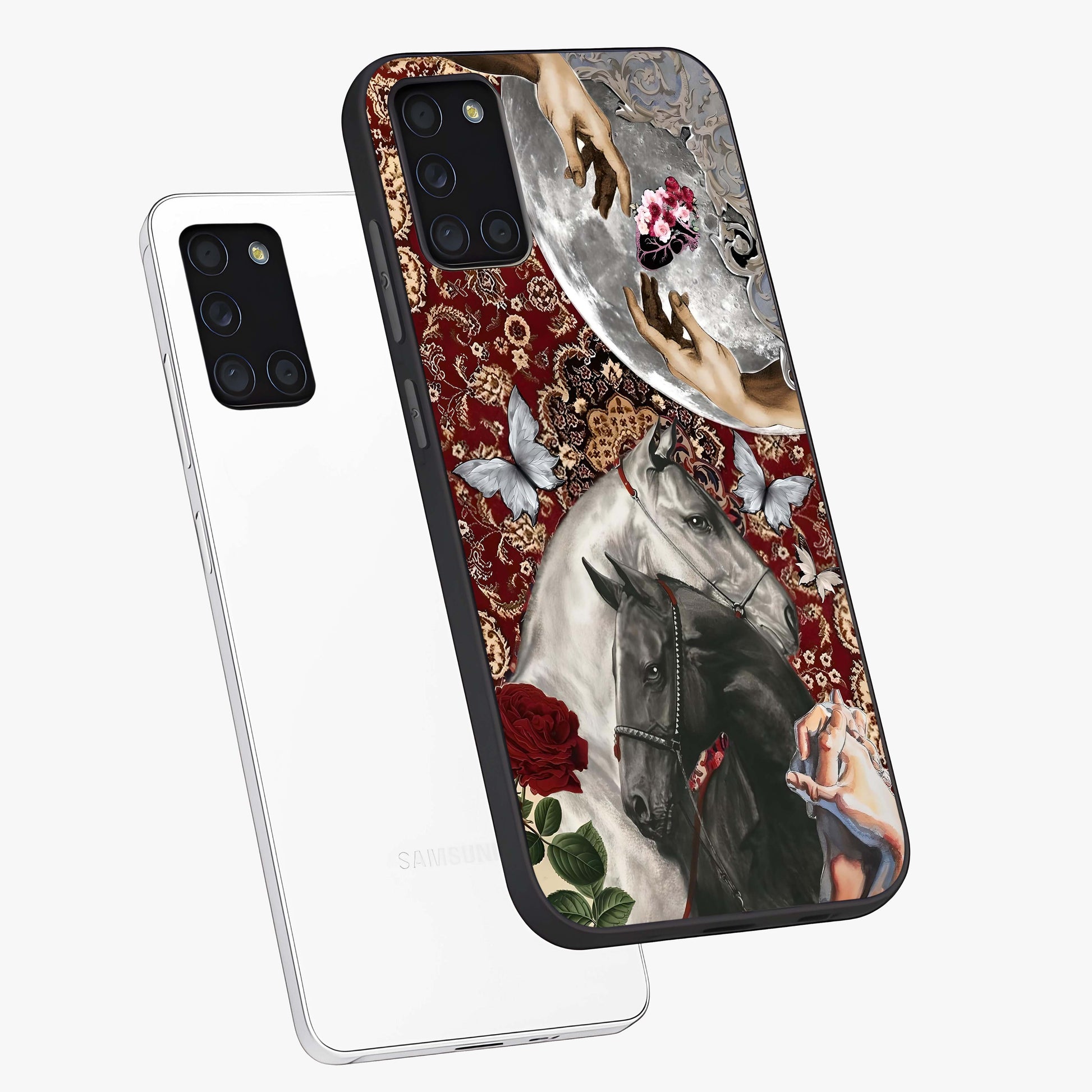 Moonlit Royal Stallion Glass Case displayed in angled mockup highlighting powerful stallion illustration with royal night aesthetic.