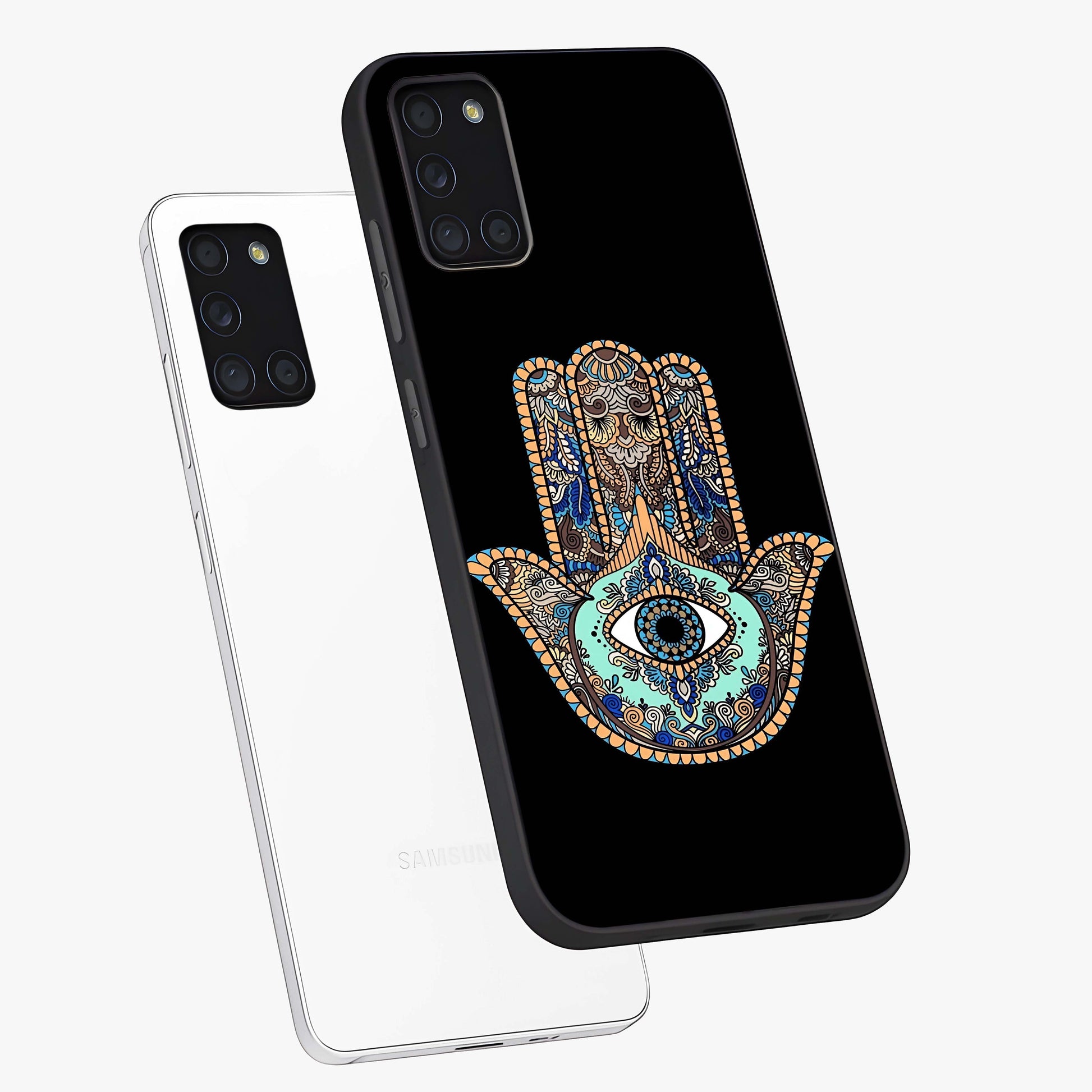 Mystic Hamsa Eye Glass Case displayed in angled mockup highlighting spiritual hamsa symbol with mystical aesthetic style.