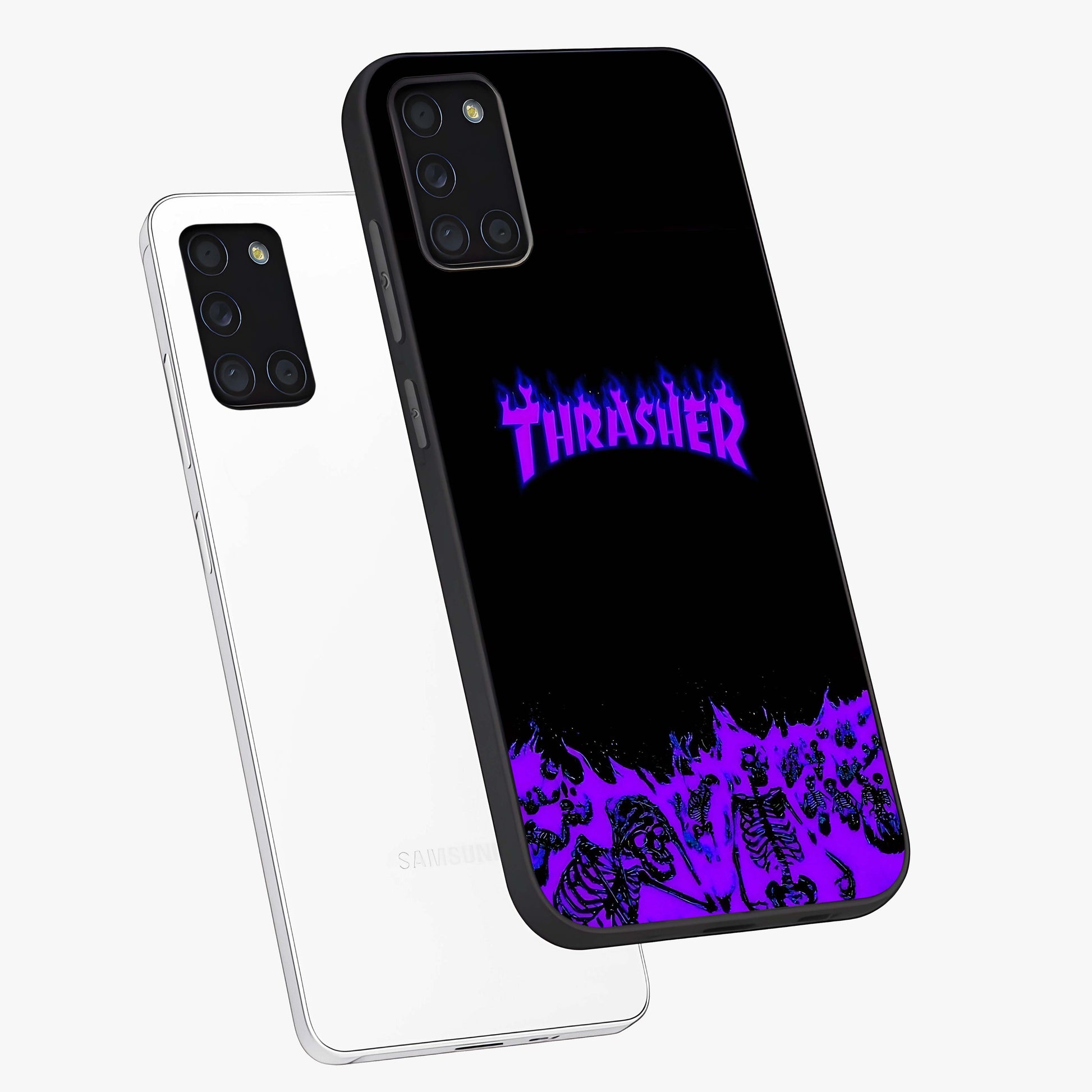 Neon Flame Riot Glass Case displayed in angled mockup highlighting glowing flame design with vibrant neon aesthetic.