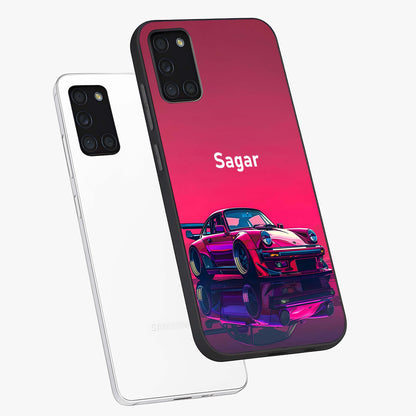 Neon Pink Porsche Glass Case displayed in angled mockup highlighting sleek neon pink car design with racing aesthetic.