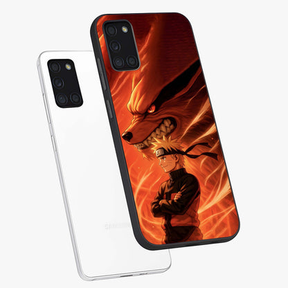 Nine Tails Legacy Glass Case displayed in angled mockup highlighting dynamic anime beast illustration with bold mystical aesthetic.