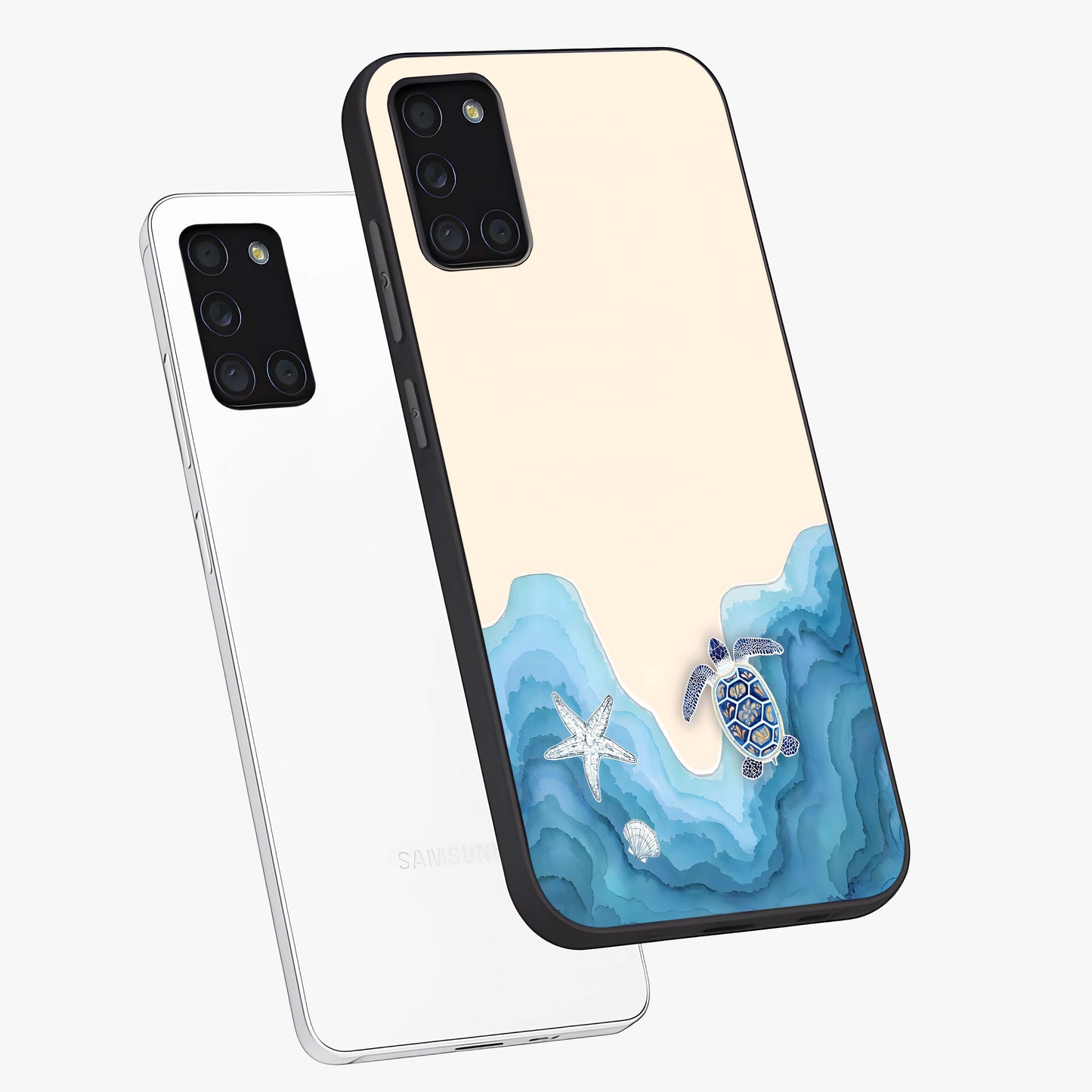 Ocean Drift Turtle Glass Case displayed in angled mockup highlighting peaceful ocean turtle illustration with marine aesthetic.