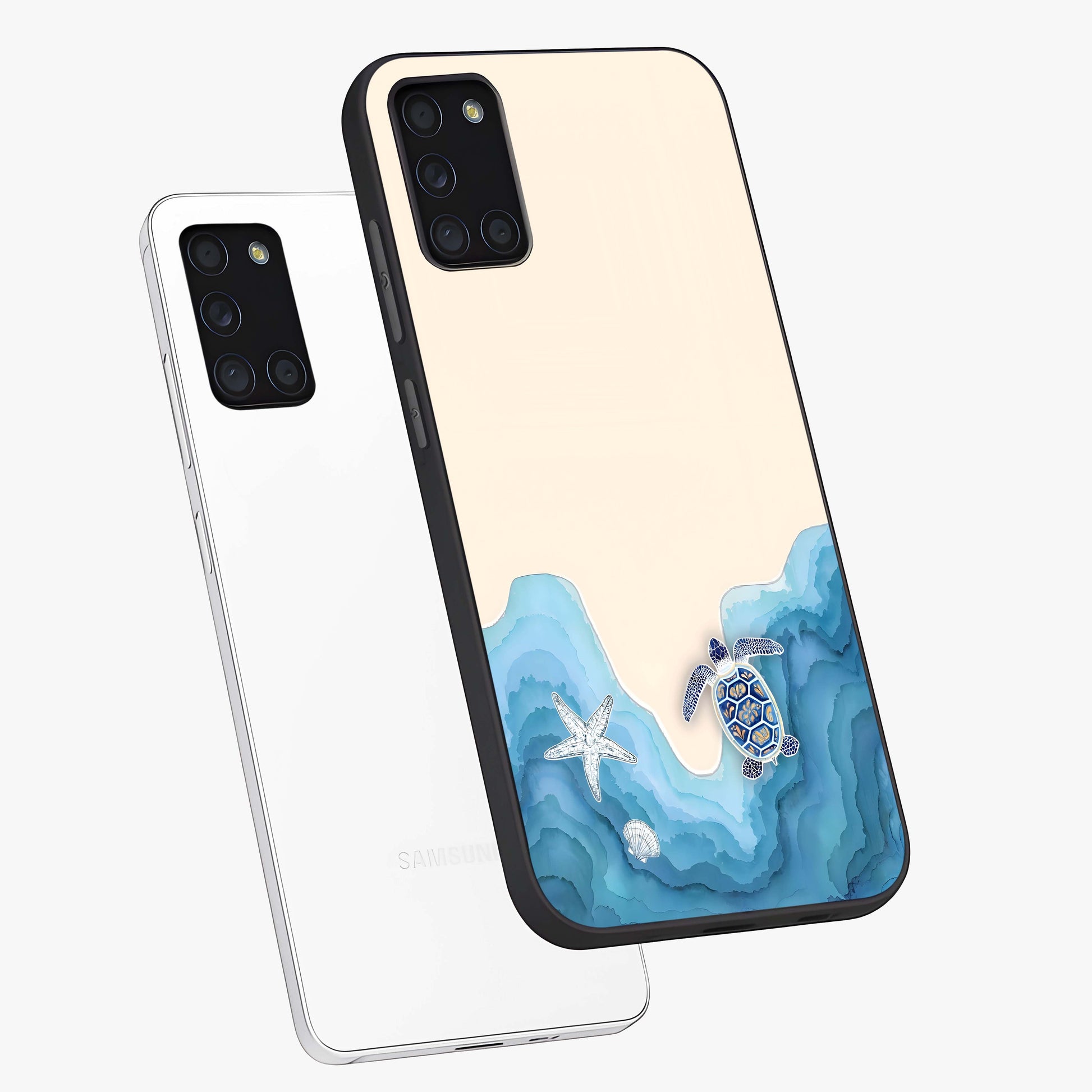 Ocean Drift Turtle Glass Case displayed in angled mockup highlighting peaceful ocean turtle illustration with marine aesthetic.
